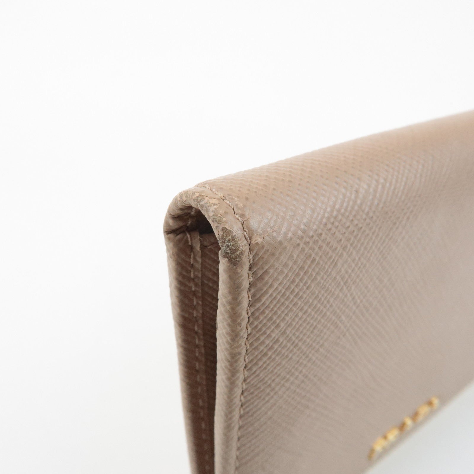PRADA Logo Saffiano Leather Bi-Fold Small Wallet Beige 1MV204 Used