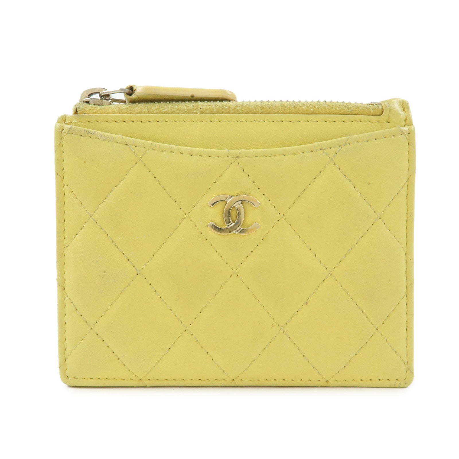 CHANEL Matelasse COCO Mark Lamb Skin Card Case Card Holder Yellow