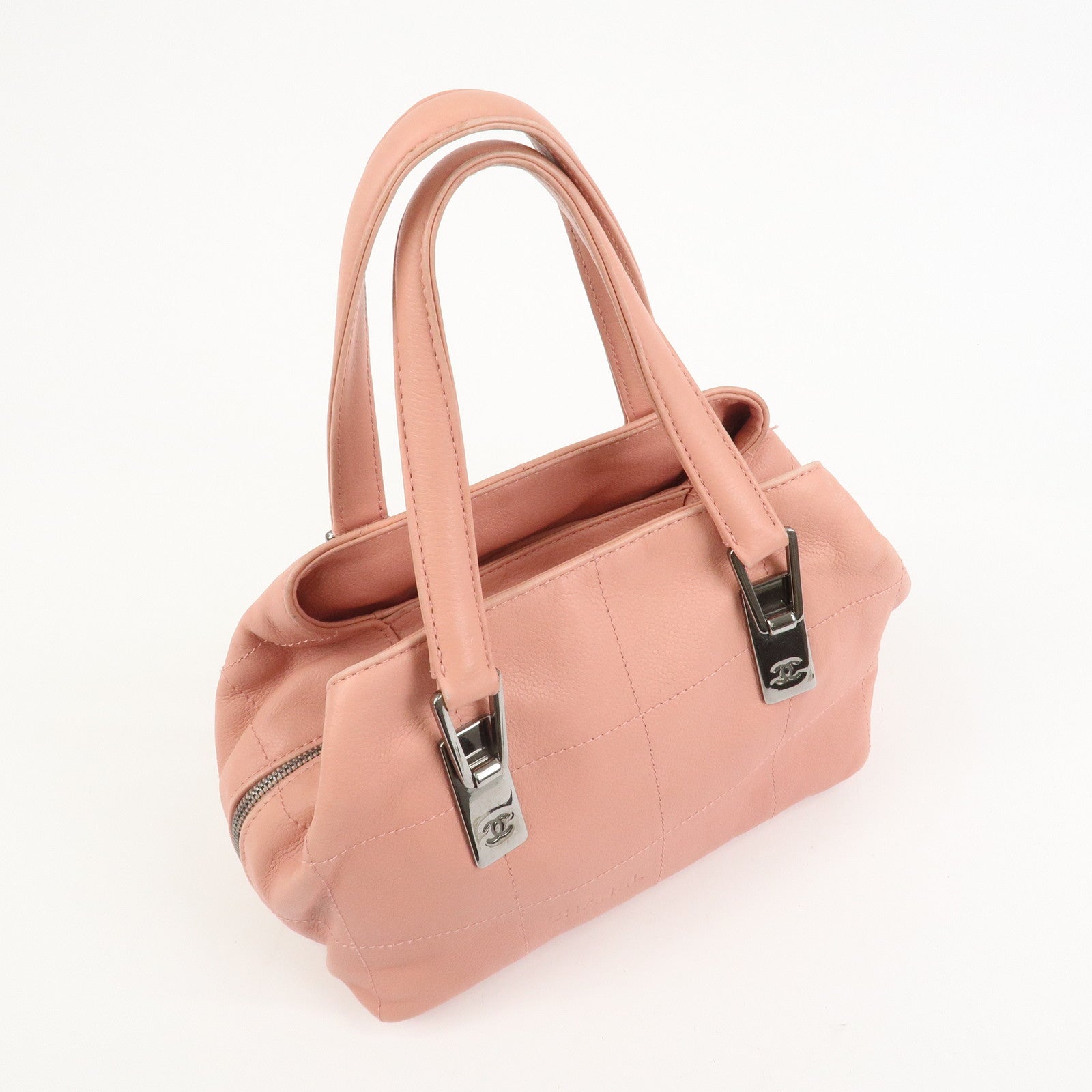 CHANEL Chocolate Bar Calf Leather Boston Bag Hand Bag Pink