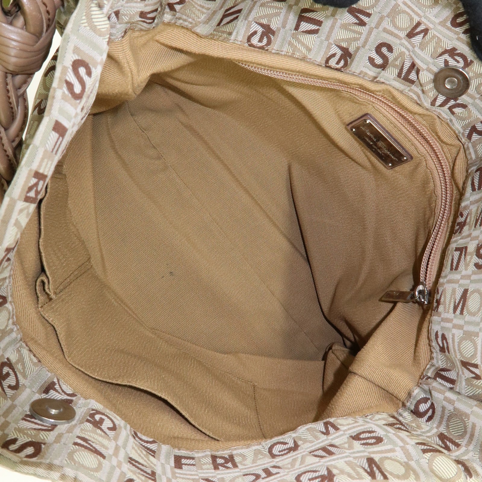 Ferragamo Logo Canvas Leather Shoulder Bag Beige Brown Khaki