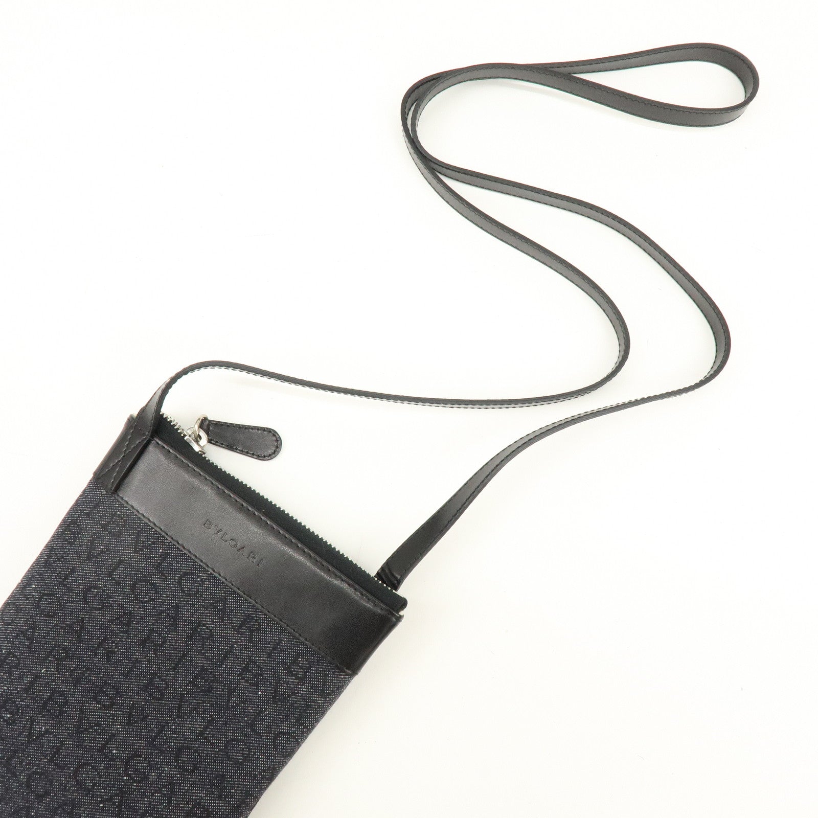 BVLGARI Logo Mania Denim Leather Shoulder Bag Crossbody Bag Black