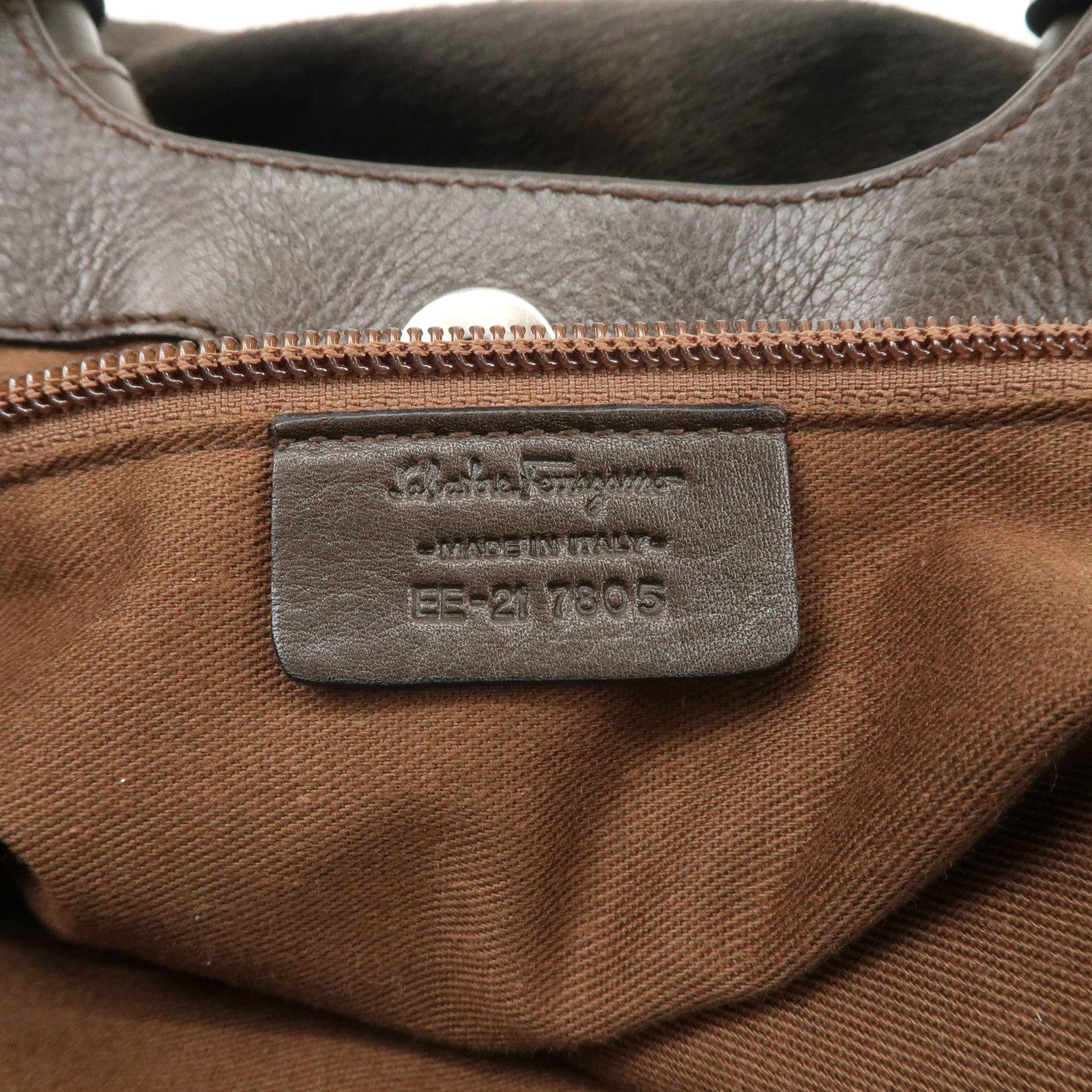 Ferragamo Gancini Unborn Calf Leather Hand Bag Dark Brown Used