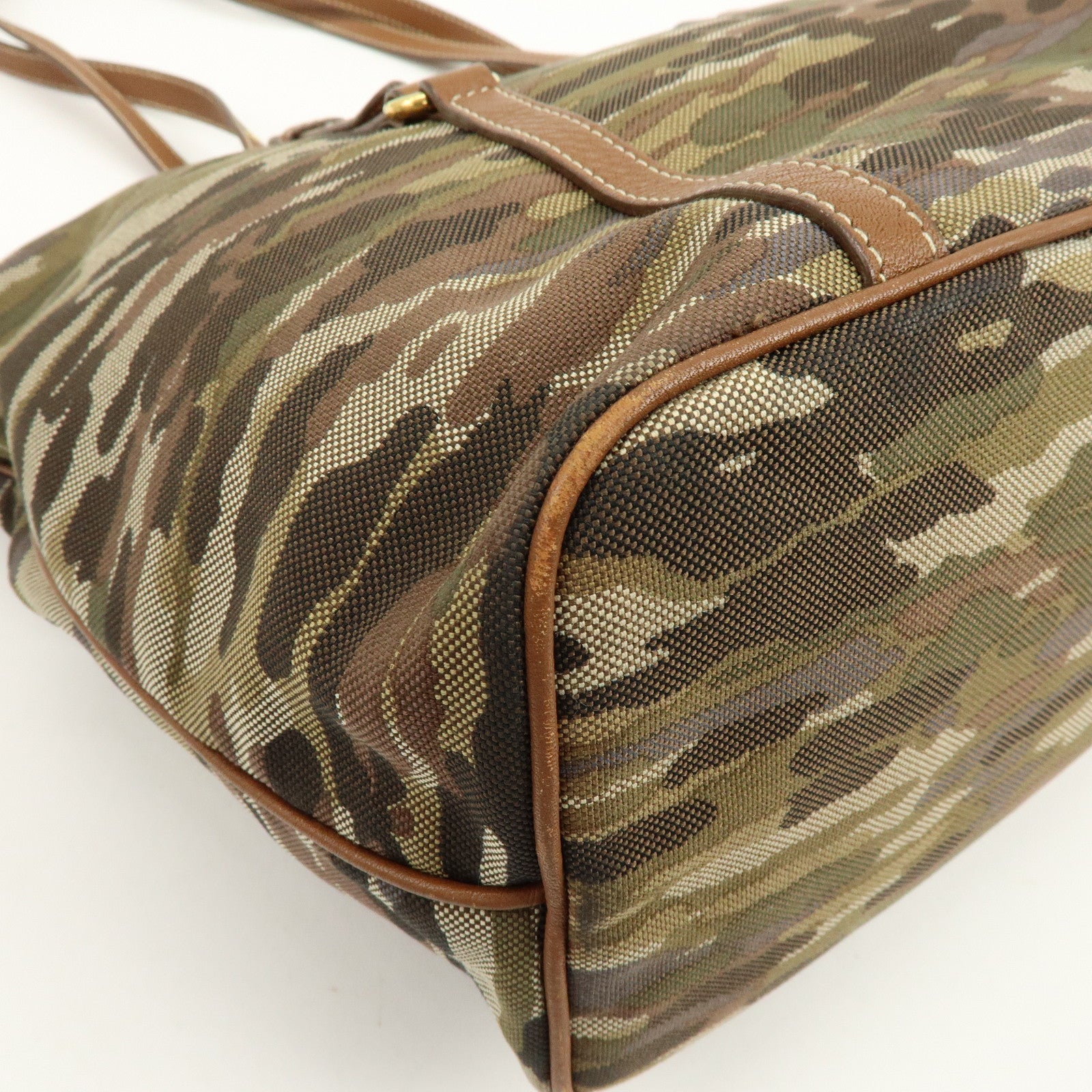 PRADA Canvas Leather Tote Bag Shoulder Bag Camouflage Brown Khaki