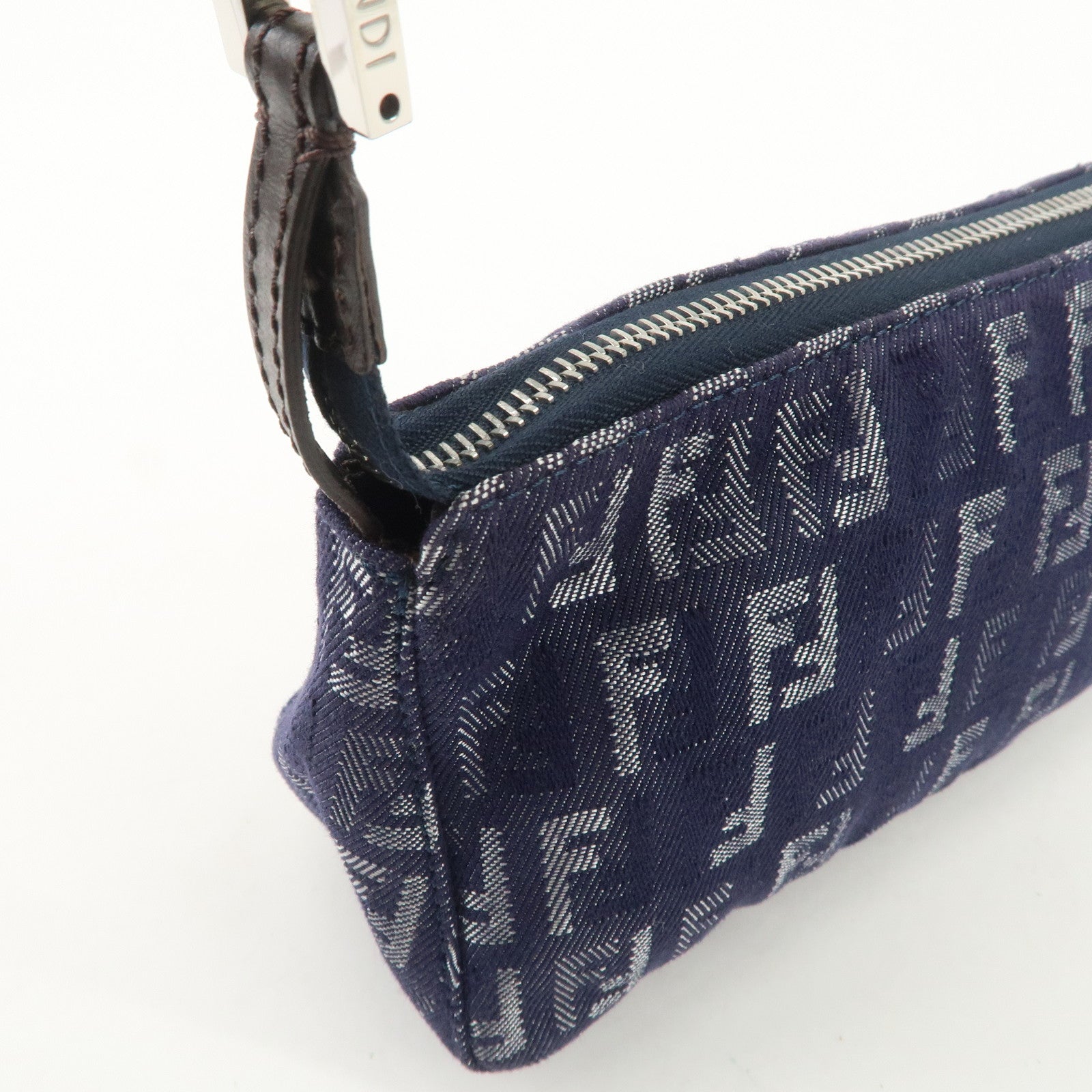 FENDI Zucchino Canvas Leather Shoulder Bag Pouch Navy 8BR249 Used