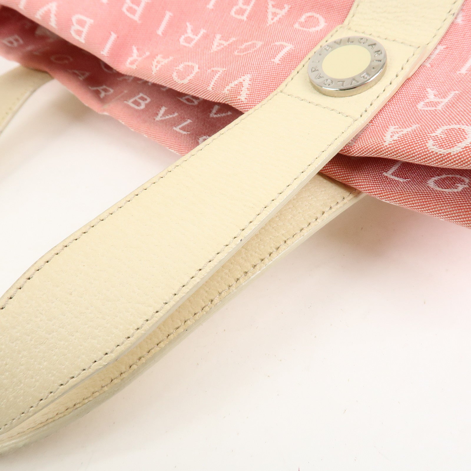BVLGARI Logo Mania Canvas Leather Hand Bag Tote Bag Pink Ivory
