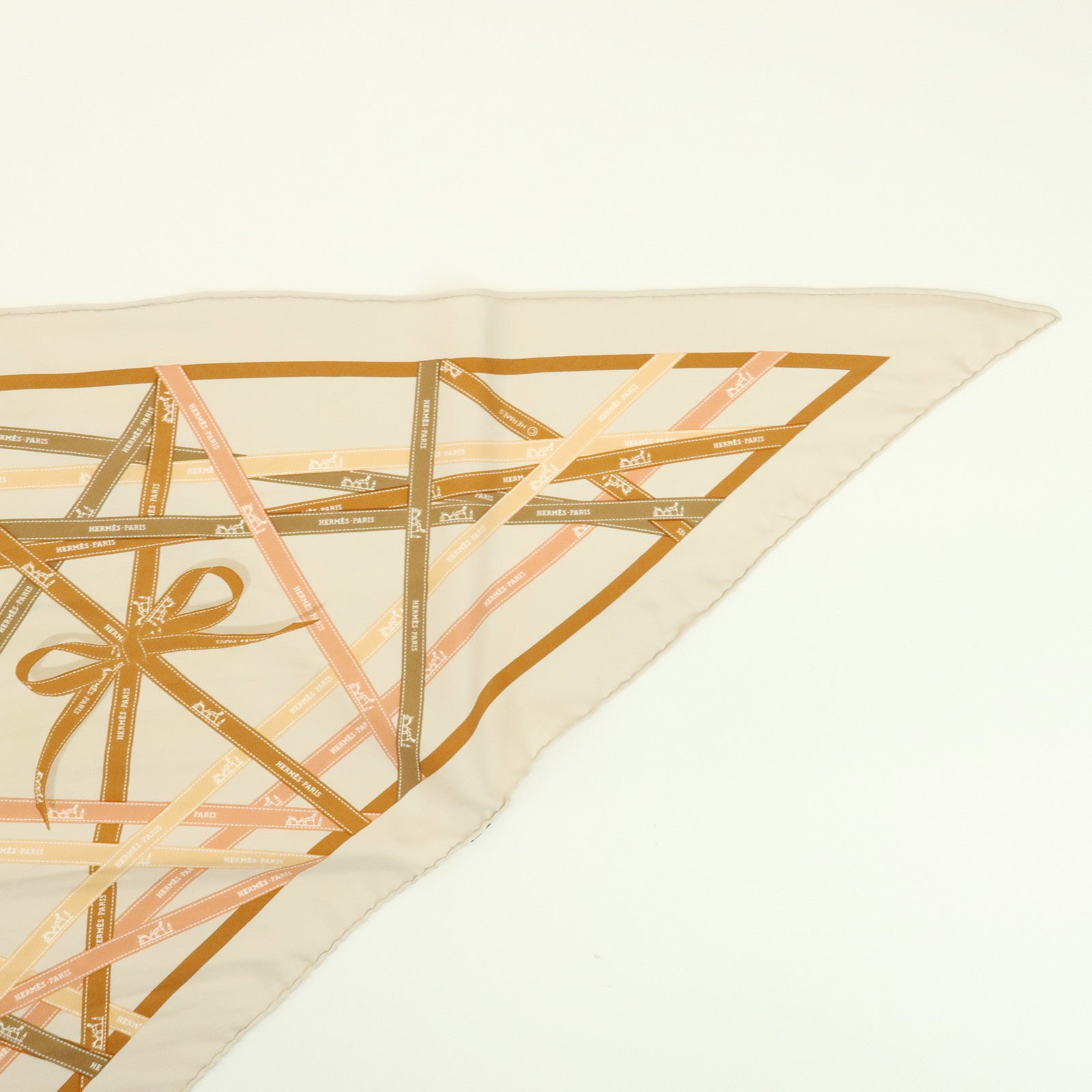 HERMES Pointu Set of 2 Silk 100% Scarf Ribbon Print Orange Beige