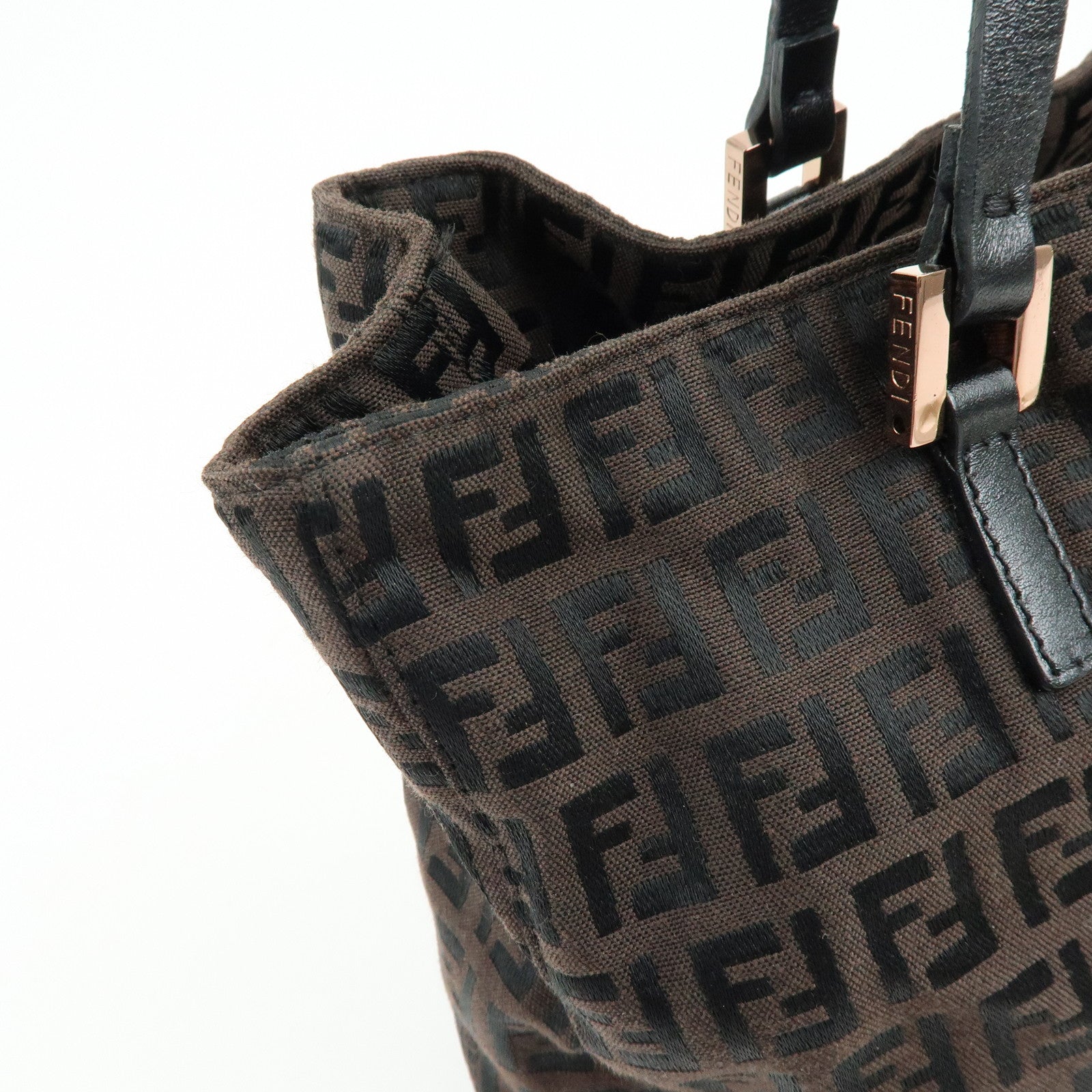 FENDI Zucchino Canvas Leather Tote Bag Hand Bag Brown 8BH018