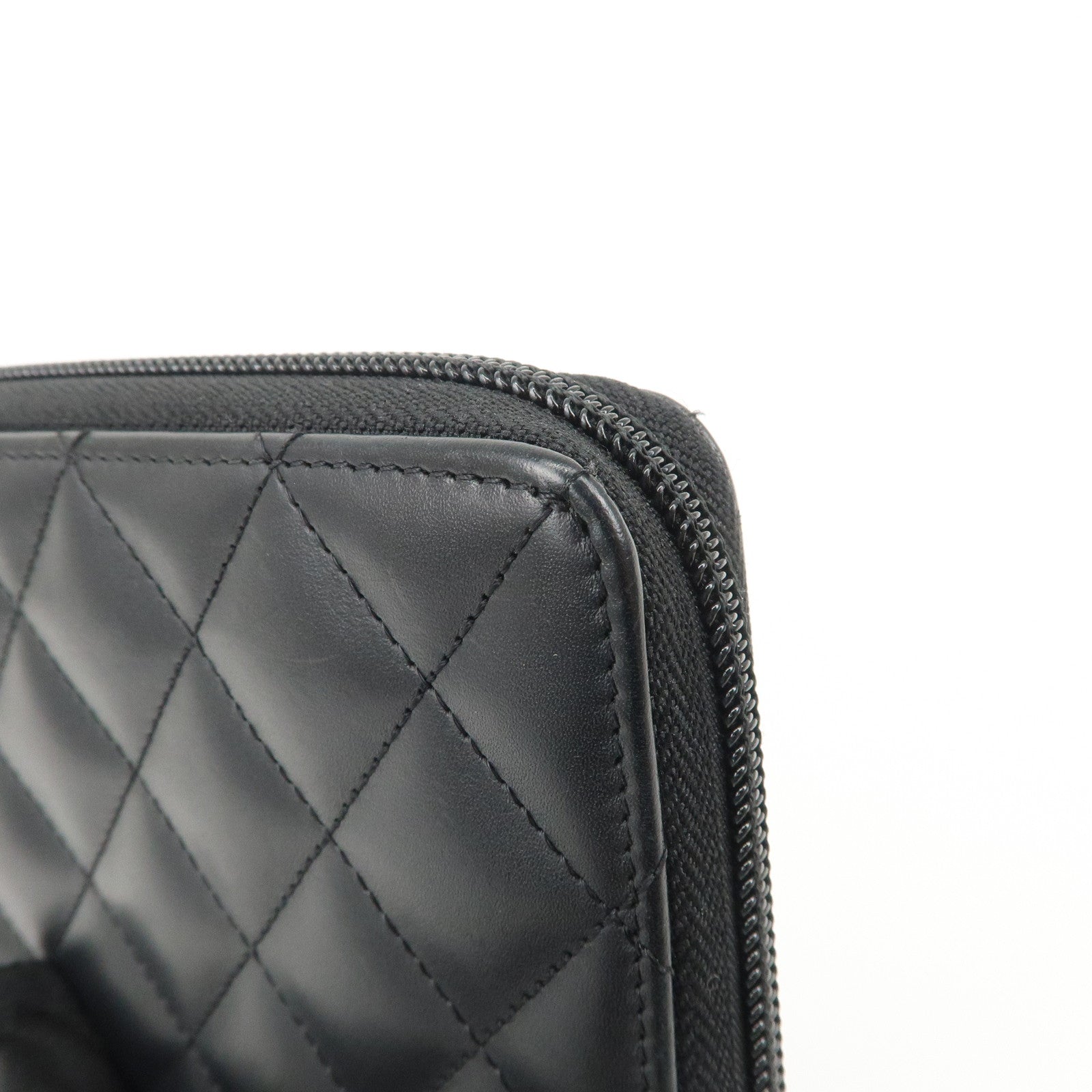 CHANEL Cambon Line Lamb Skin Round Zippy Long Wallet Black A50078 Used