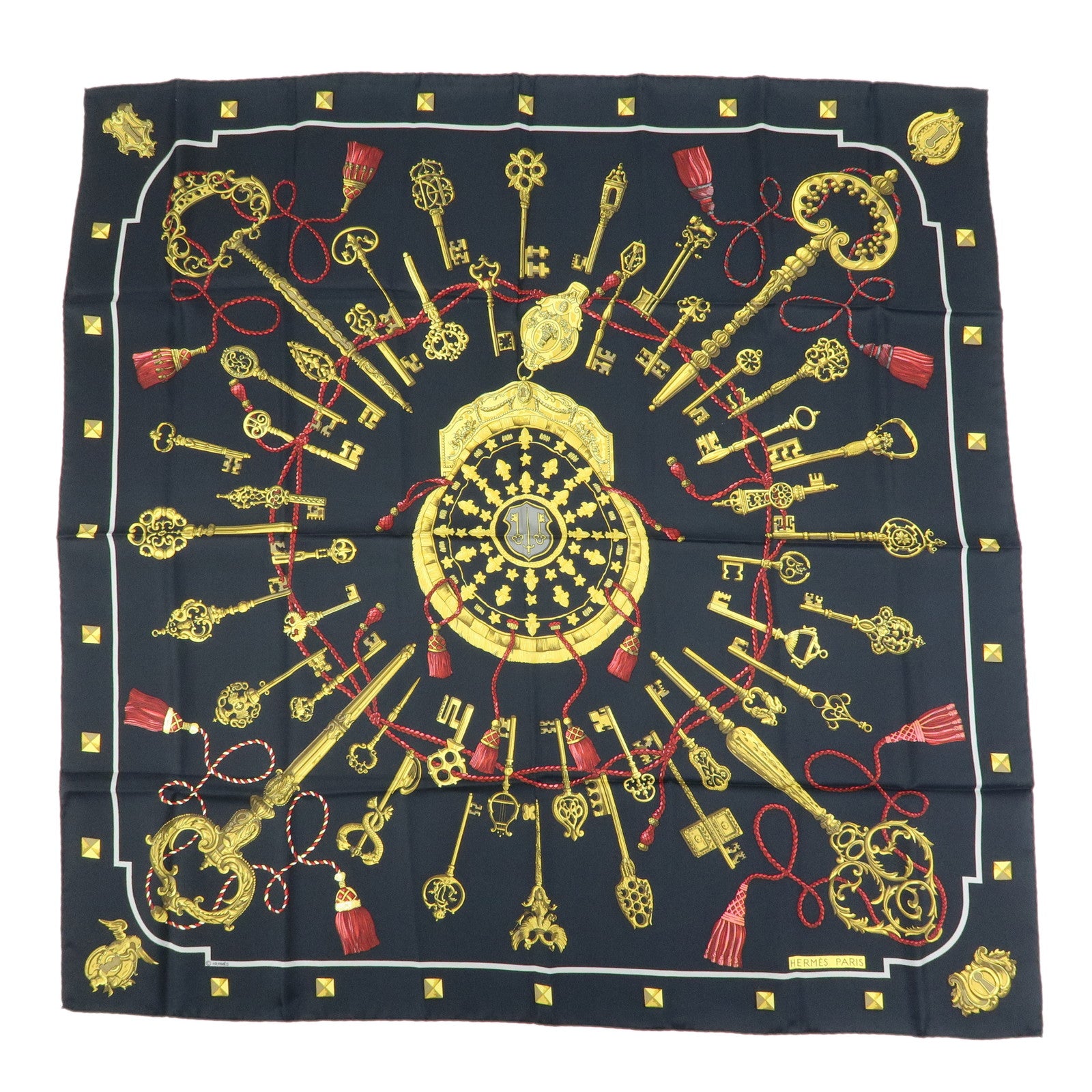 HERMES Carre 90 Silk 100% Scarf LES CLES THE KEYS RARE Black Gold
