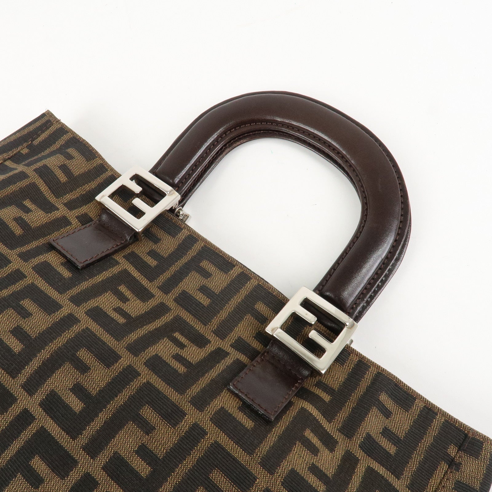 FENDI Zucca Canvas Leather Tote Bag Hand Bag Black Brown 26693 Used