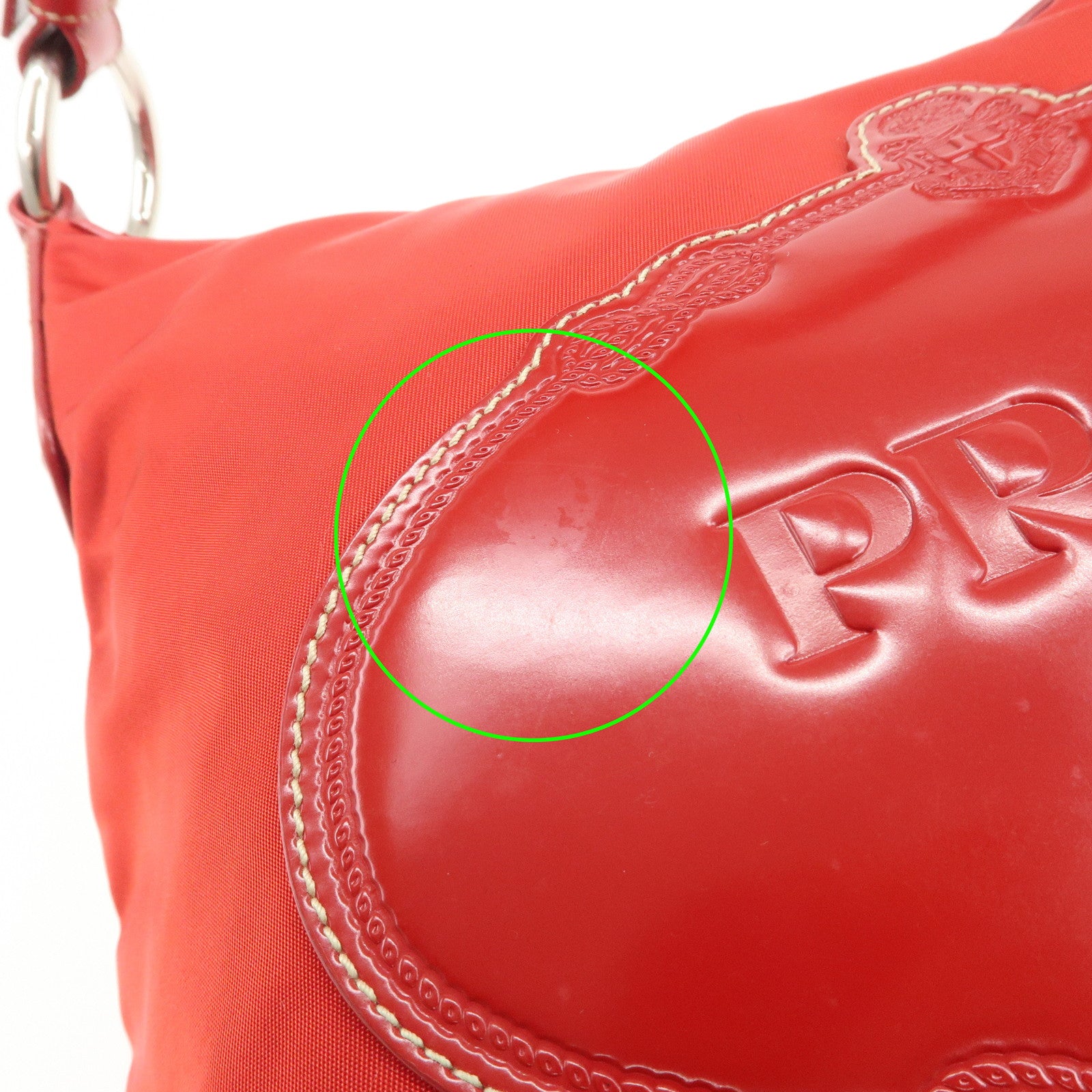 PRADA Logo Nylon Leather Shoulder Bag Silver HDW Red Used