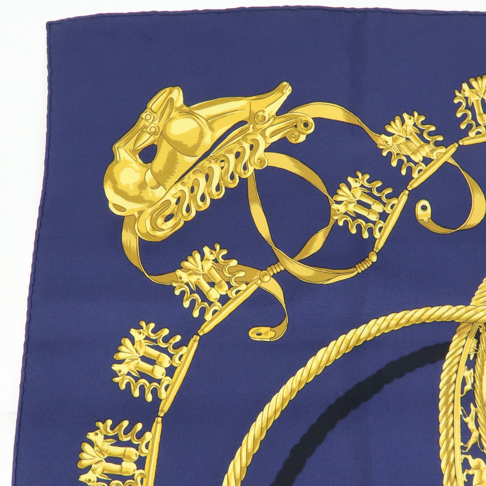 HERMES Carre 90 Silk 100% Scarf LES CAVALIERS D'OR Navy Yellow
