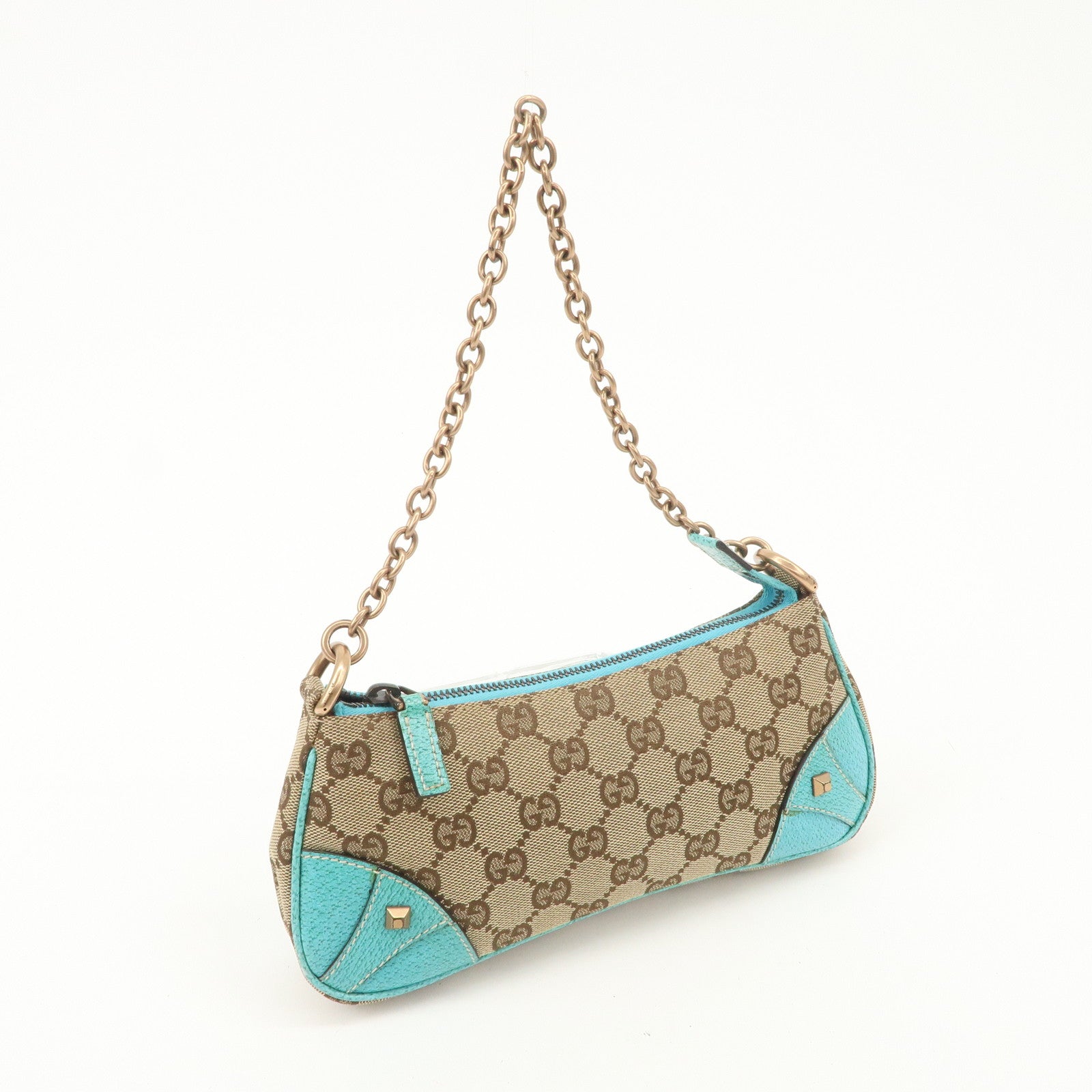 GUCCI GG Canvas Leather Chain Shoulder Bag Beige Turquoise Blue 120940 Used