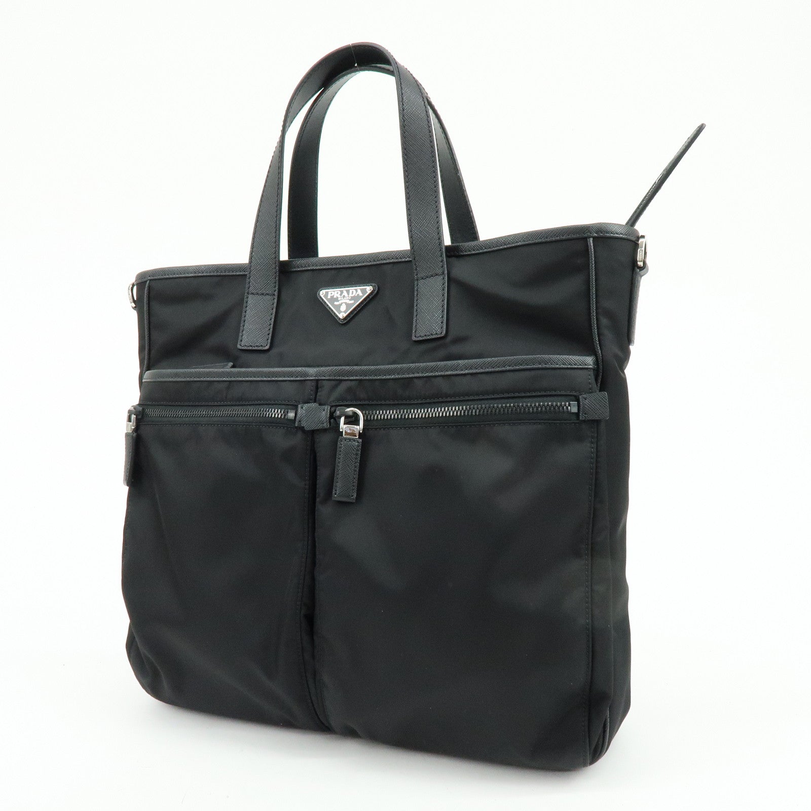 PRADA Triangle Logo Re-Nylon Saffiano Leather Tote Bag Black 2VG860