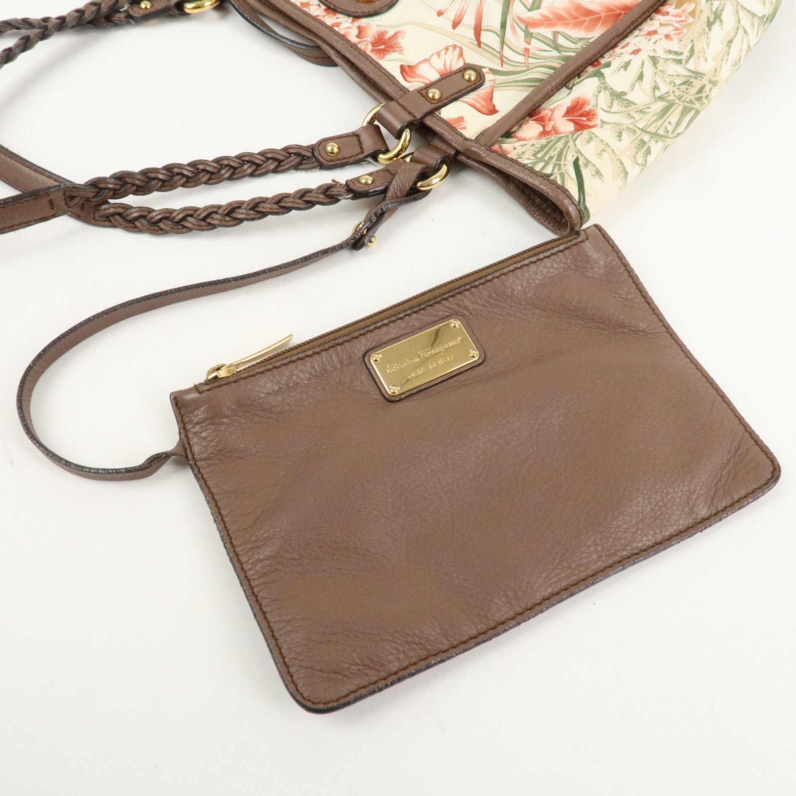 Ferragamo Gancini Leather Nylon Tote Bag Ivory Multicolor