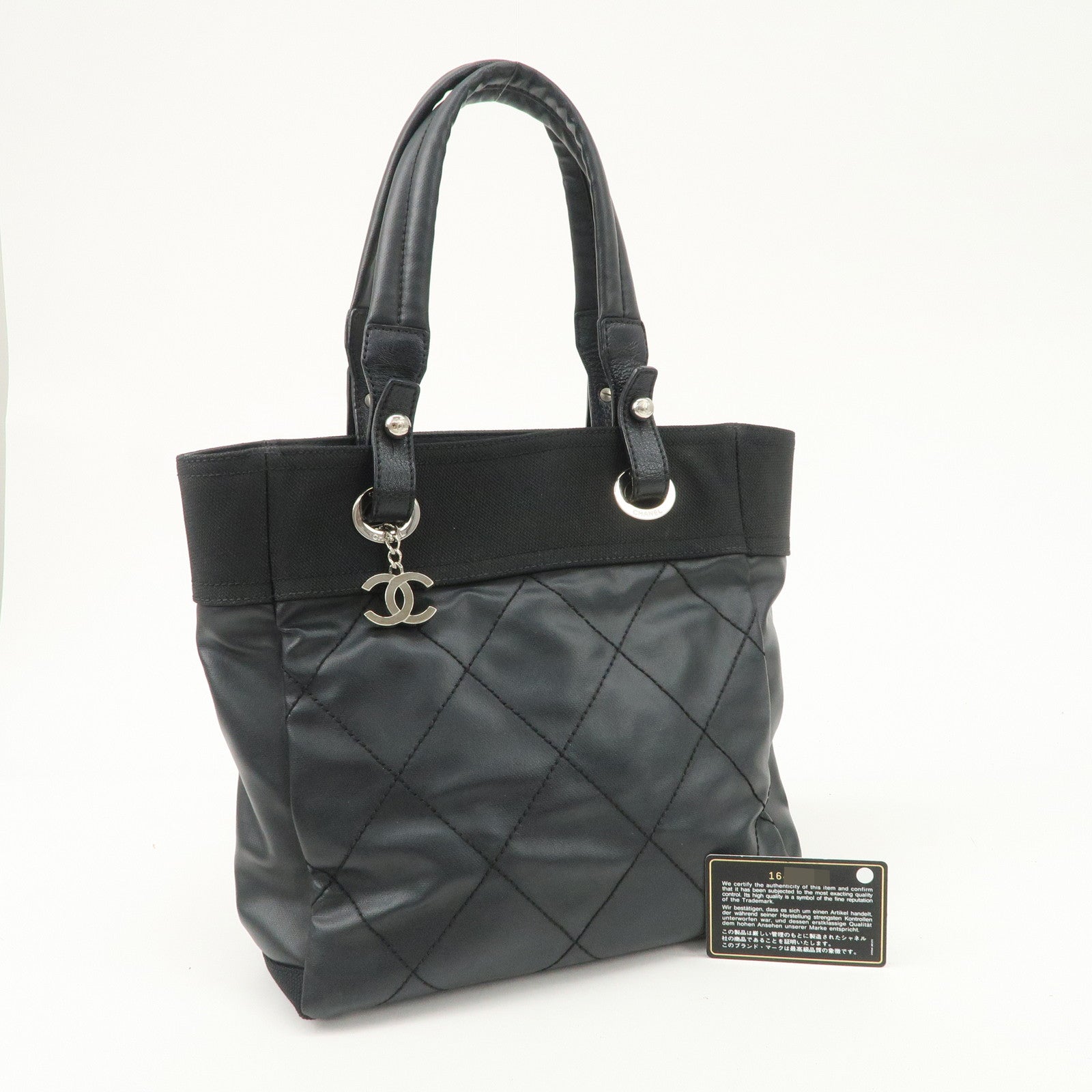 CHANEL Paris Biarritz PM Coated Canvas Leather Tote Bag Black A34208 Used