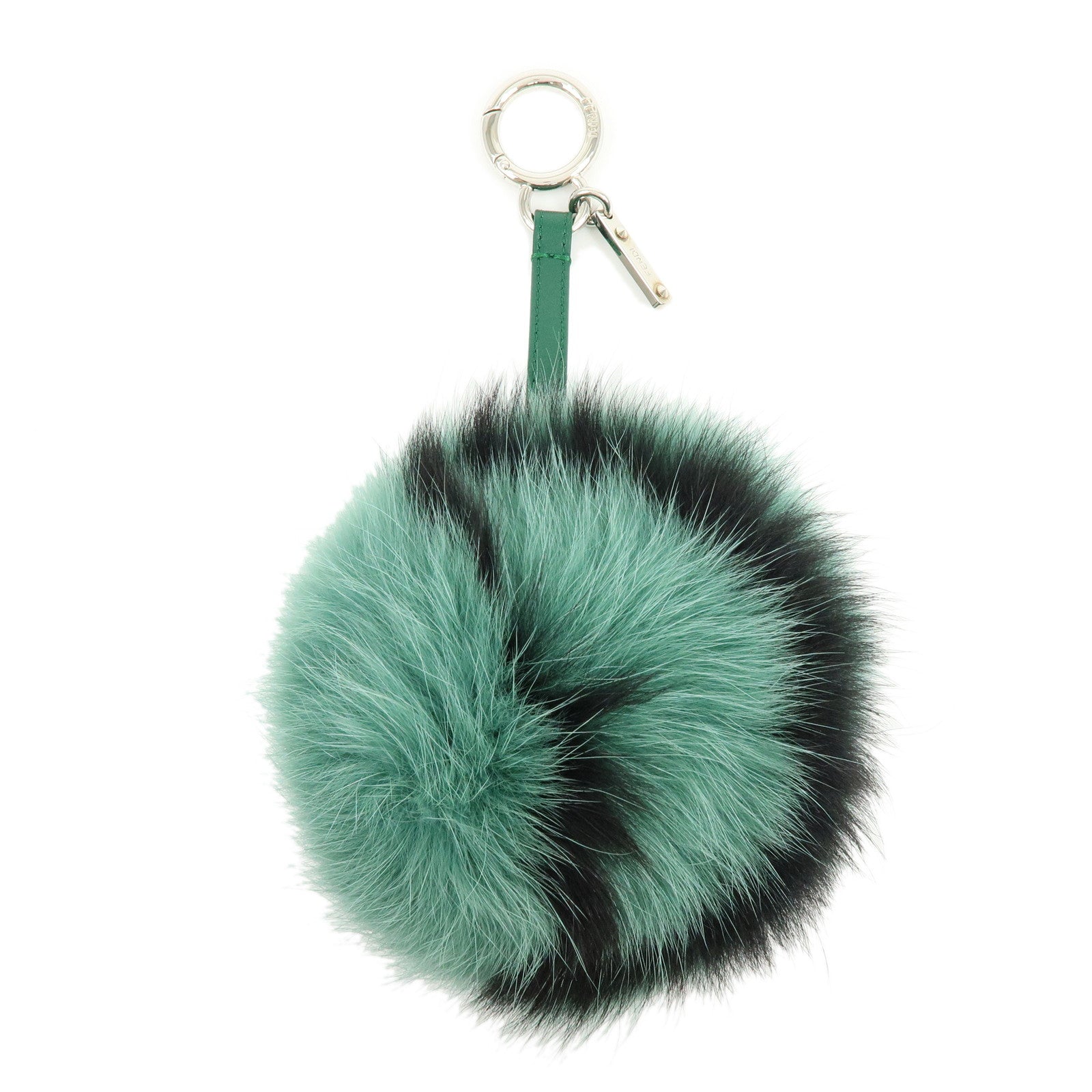 FENDI Pom Pom Fur Metal Key Chain Bag Charm Initial D Green 7AR259