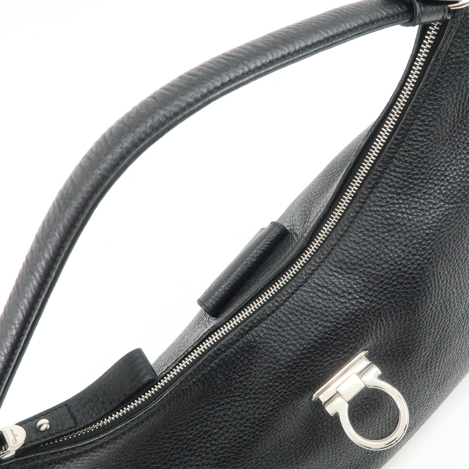 Ferragamo Gancini Leather Shoulder Bag Hand Bag Black Silver HDW