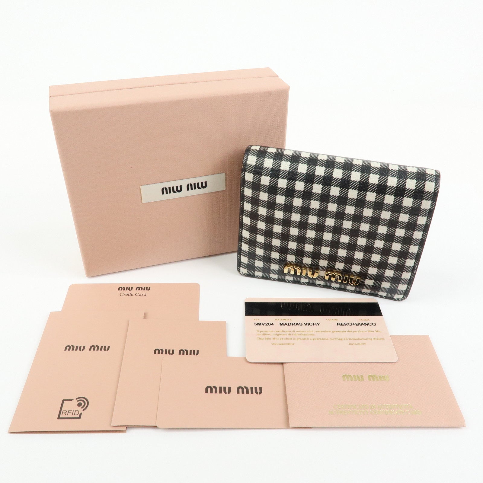 MIU MIU PVC Gingham Bi-fold Compact Wallet Black White 5MV204