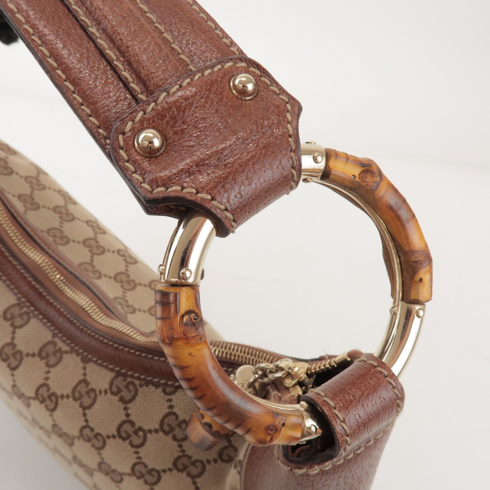 GUCCI Bamboo GG Canvas Leather Shoulder Bag Beige Brown 137577