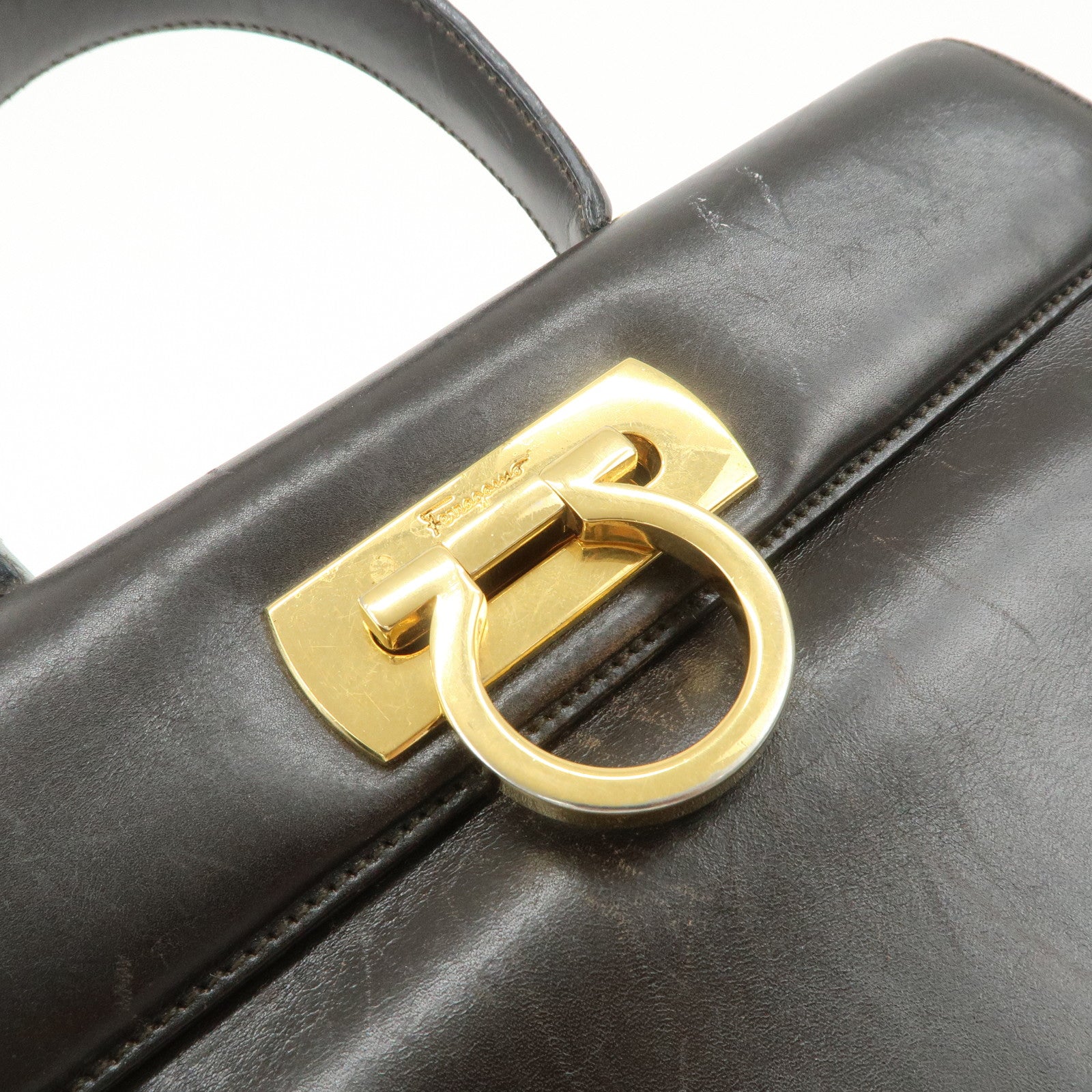 Ferragamo Gancini Leather 2Way Hand Bag Shoulder Bag Brown