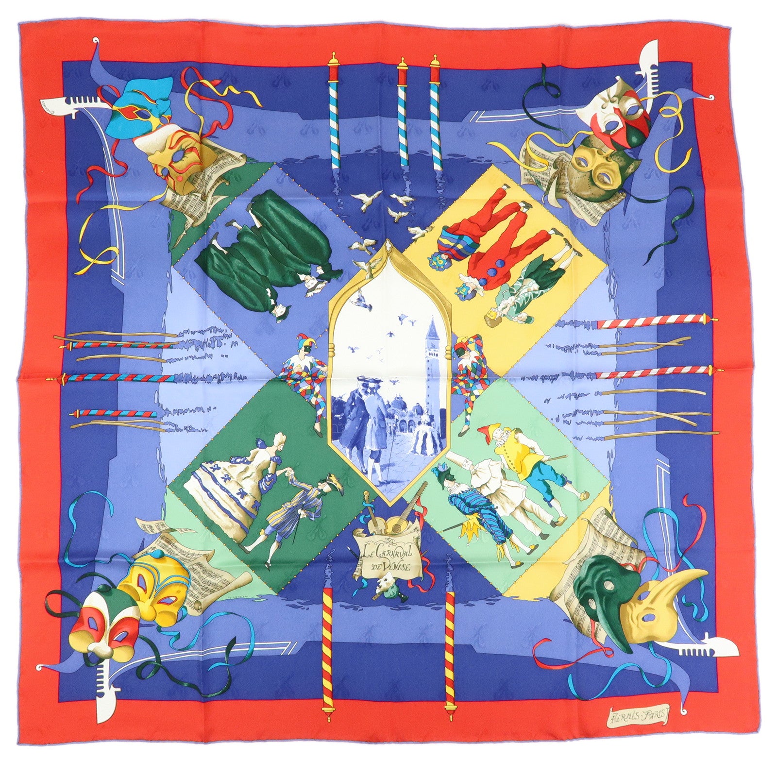 HERMES Carre 90 Silk 100% Scarf LE CARNAVAL DE VENISE Blue Red