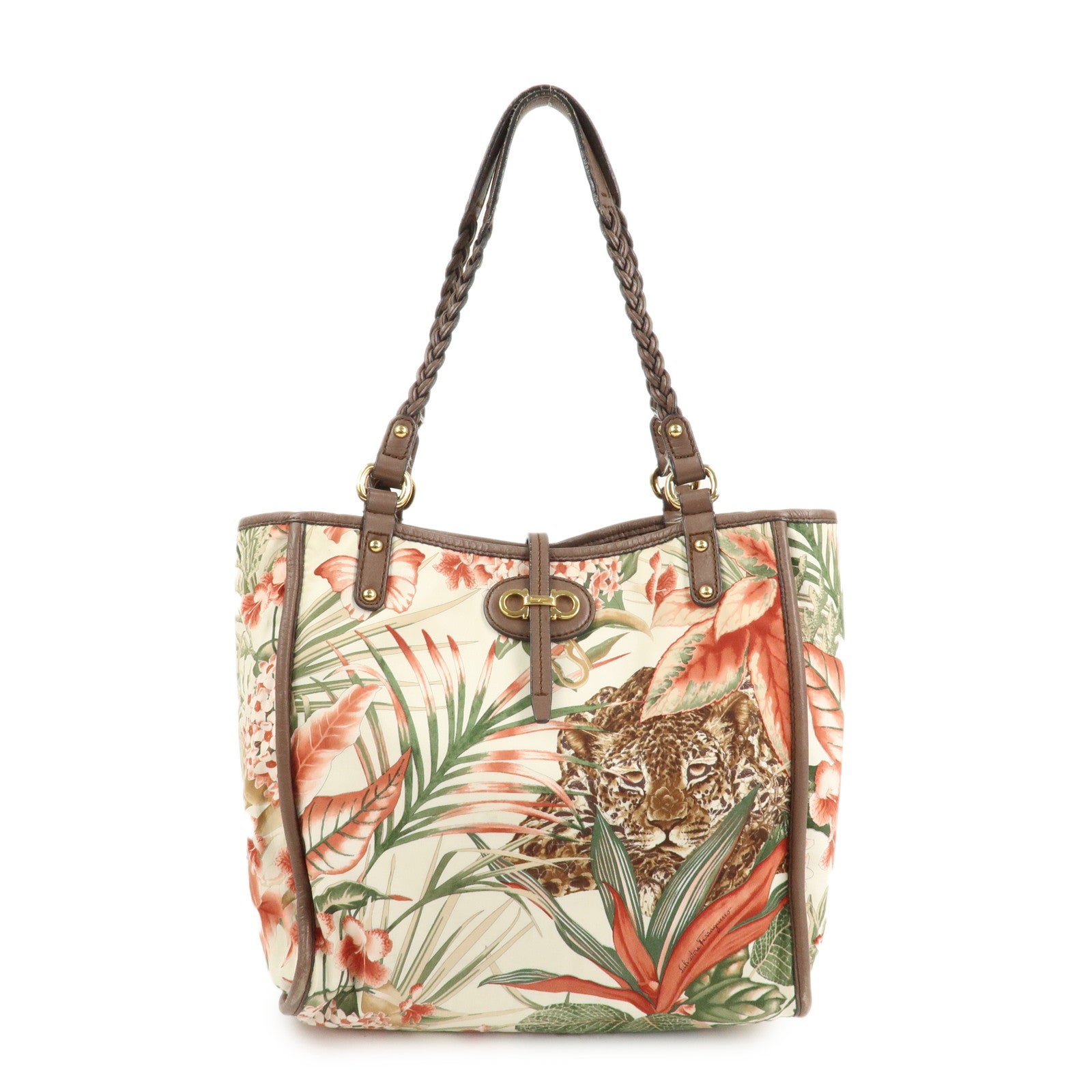 Ferragamo Gancini Leather Nylon Tote Bag Ivory Multicolor