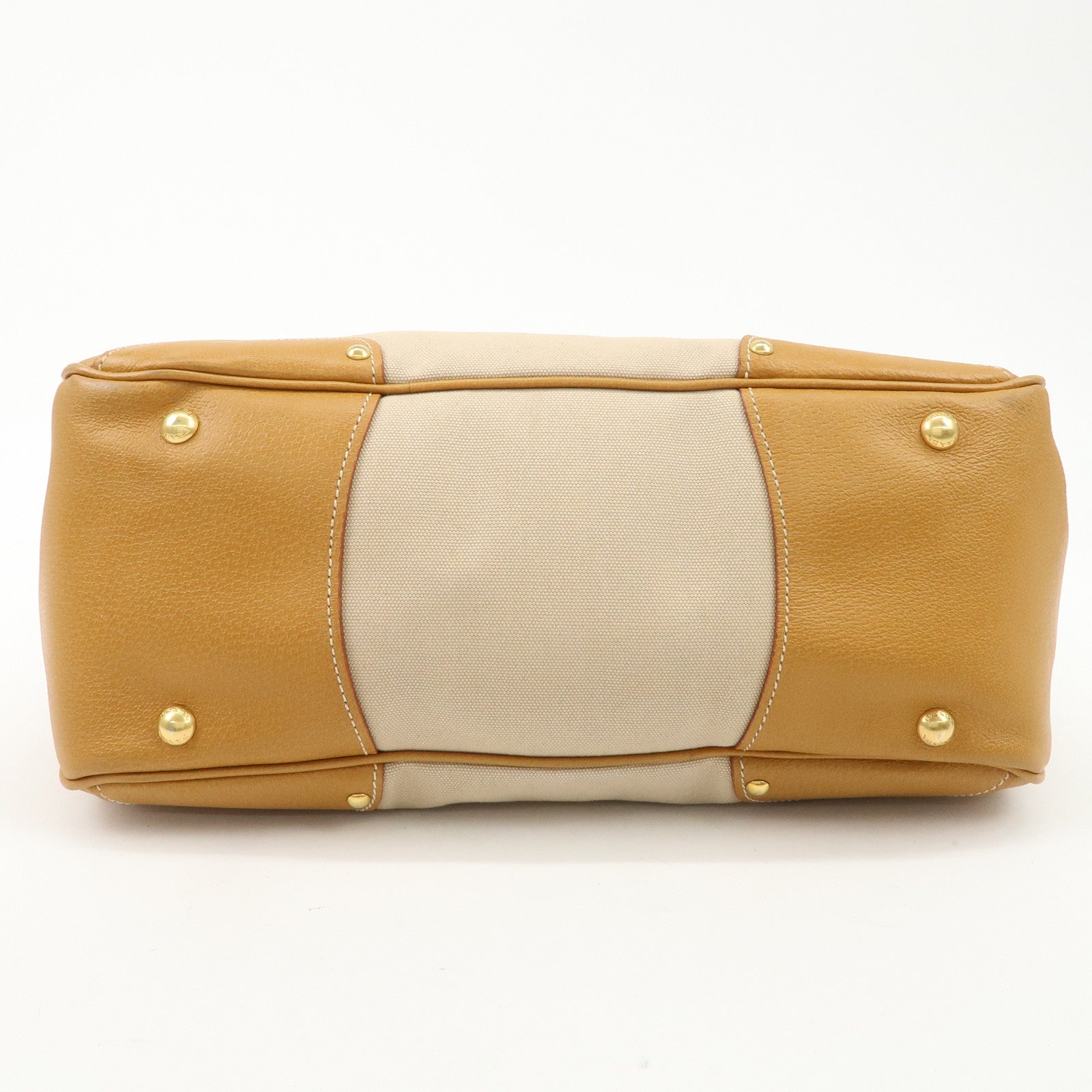 PRADA Triangle Logo Leather Canvas 2 Way Tote Bag Beige Brown