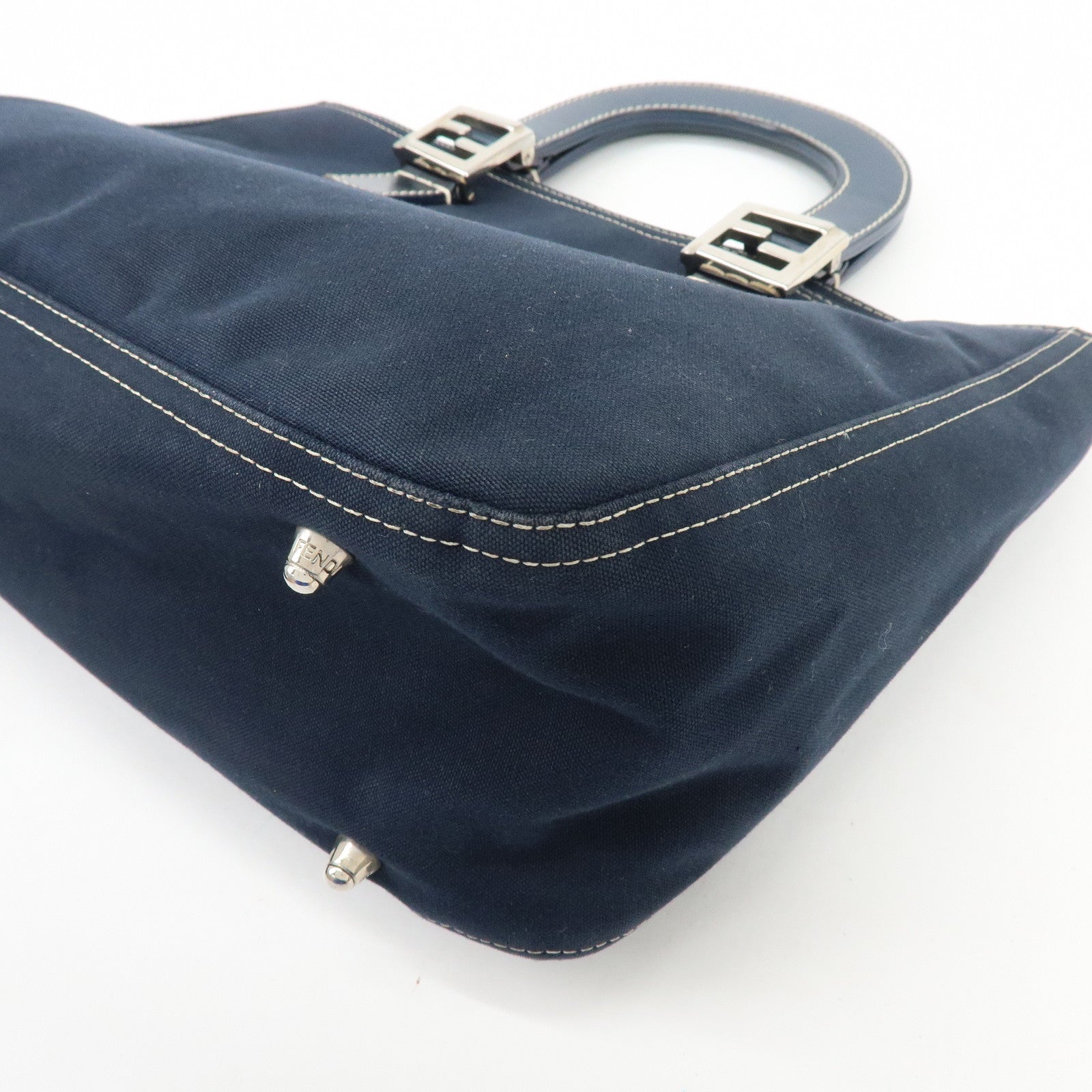 FENDI Canvas Leather Hand Bag Tote Bag Navy