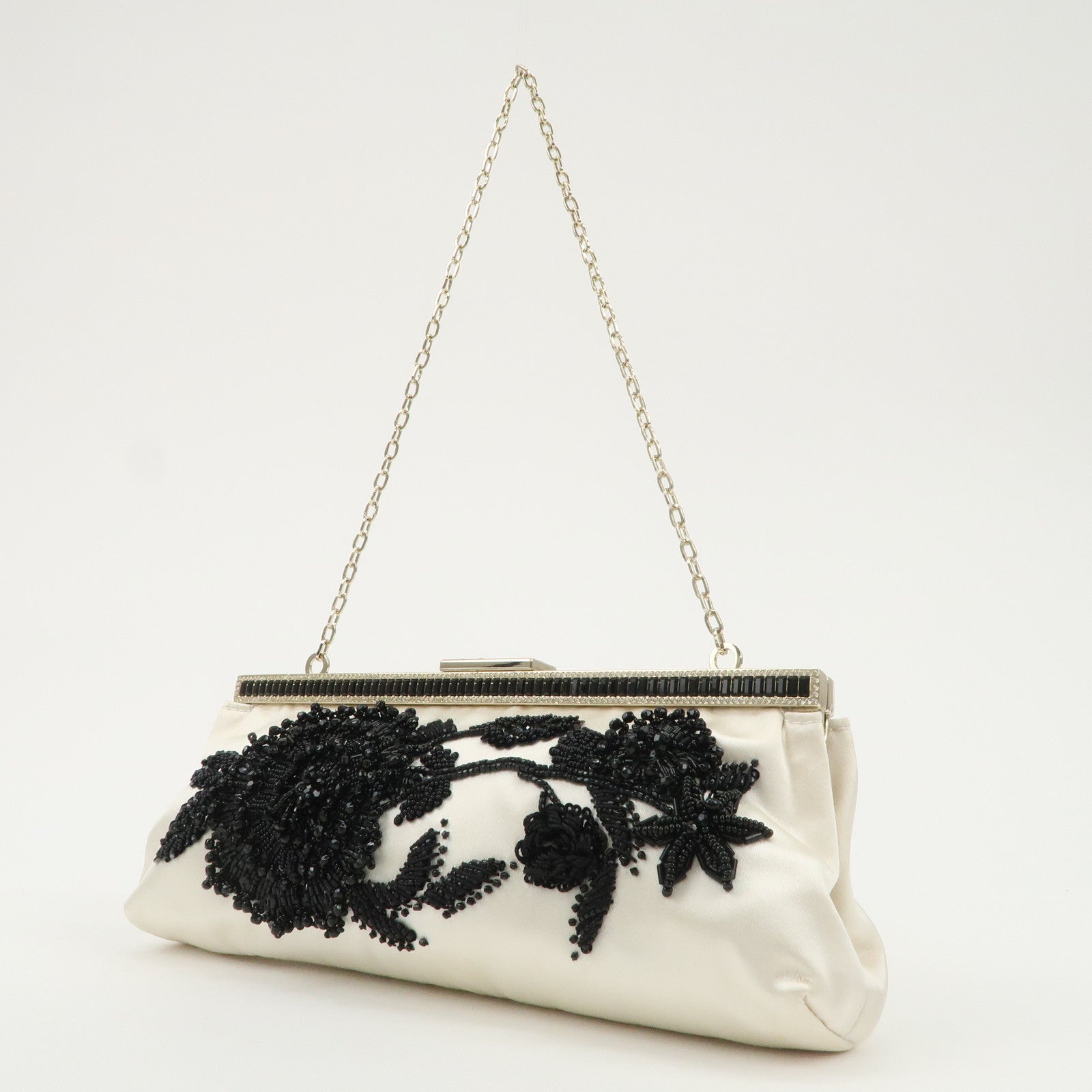 VALENTINO Silk Beads Chain Shoulder Bag Hand Bag White Black Used
