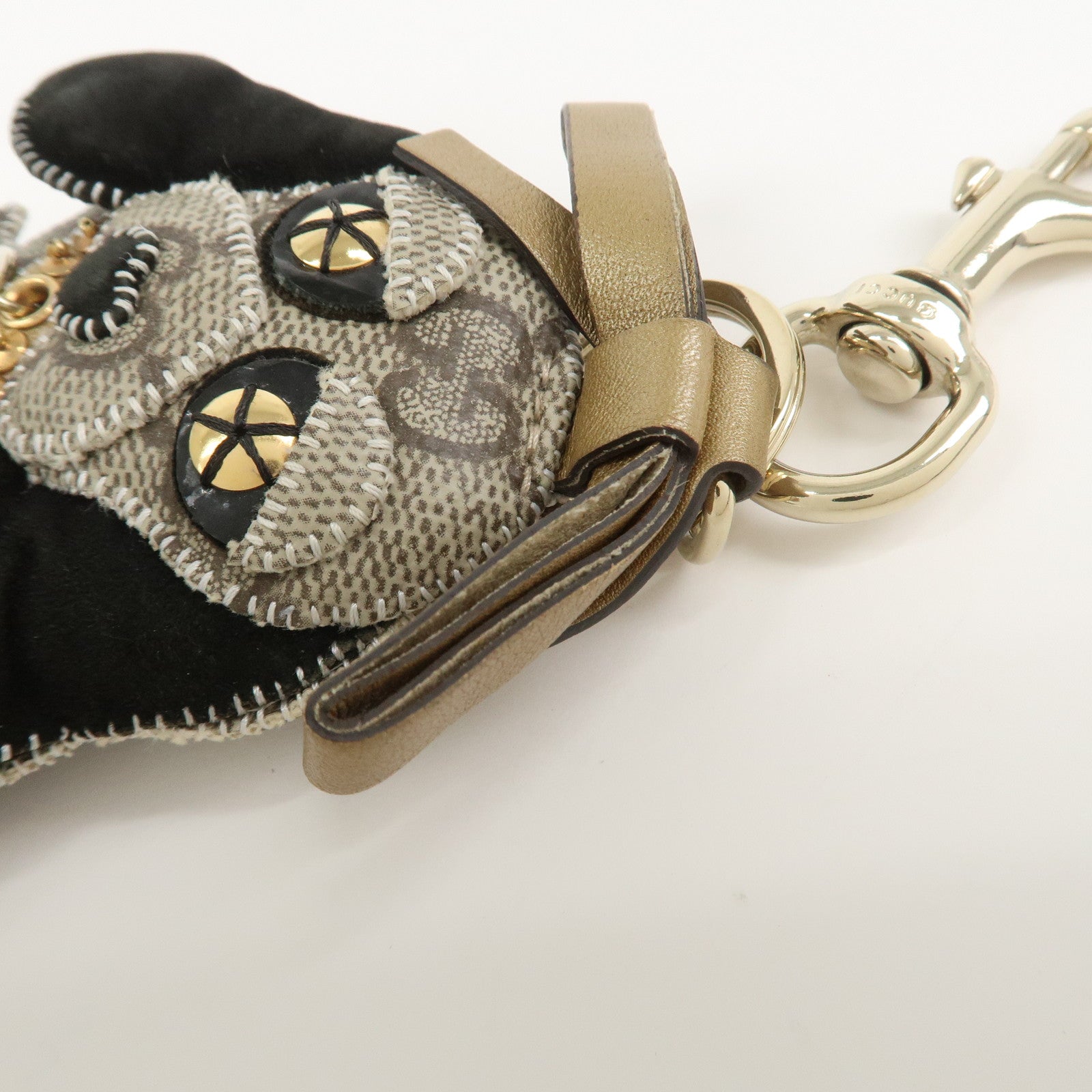 GUCCI GG Plus Suede Leather Bag Charm Key Chain Beige Black 206078