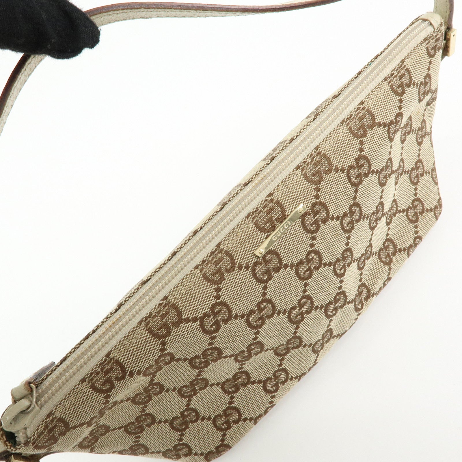 GUCCI Boat Bag GG Canvas Leather Hand Bag Pouch Brown Ivory 07198
