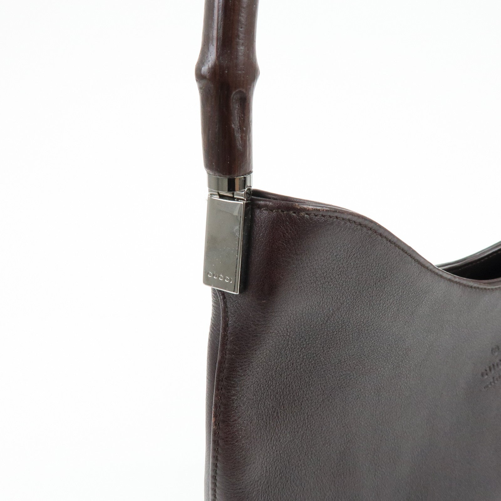GUCCI Bamboo Leather Shoulder Bag Hand Bag Dark Brown 001・3244