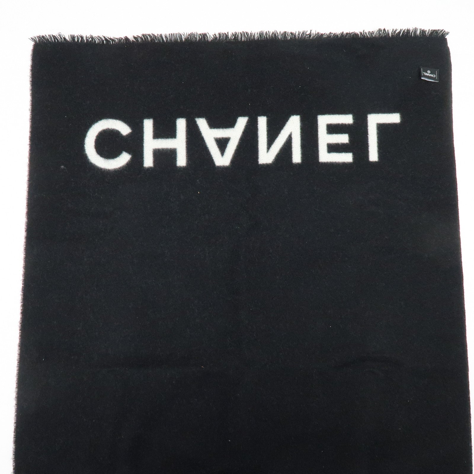 CHANEL Logo COCO Mark Cashmere 100% Scarf Shawl White Black