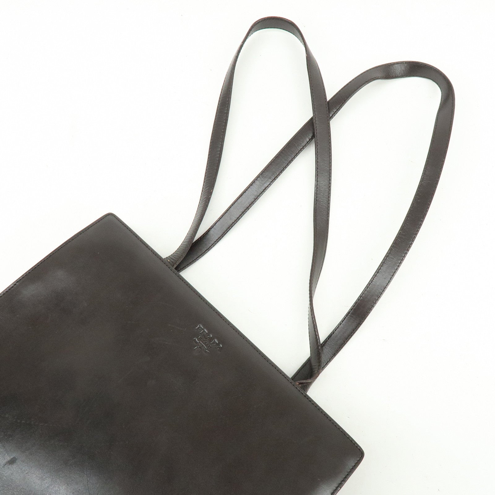 PRADA Logo Leather Tote Bag Shoulder Bag Dark Brown