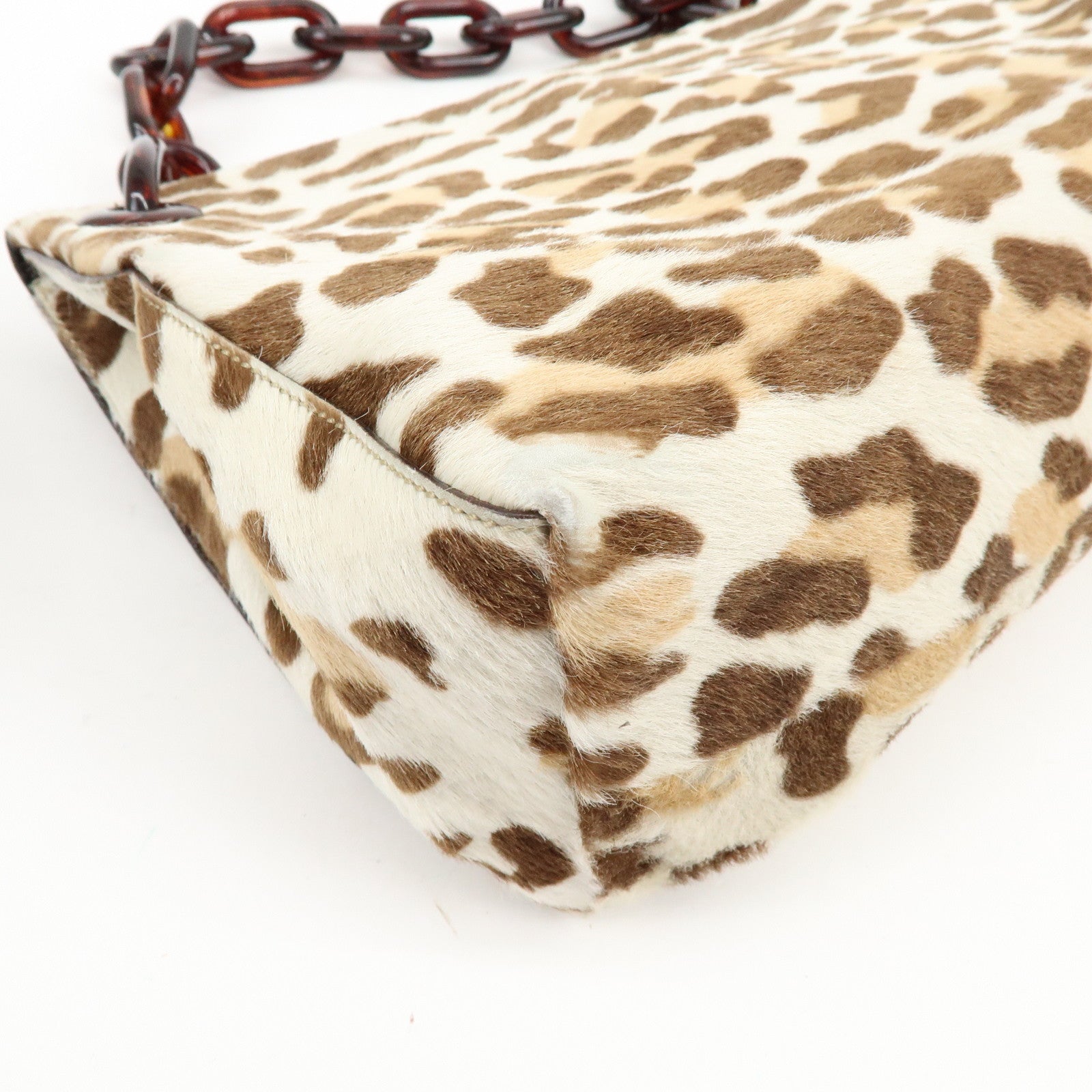 PRADA Triangle Logo Haircalf Plastic Chain Shoulder Bag Beige Brown