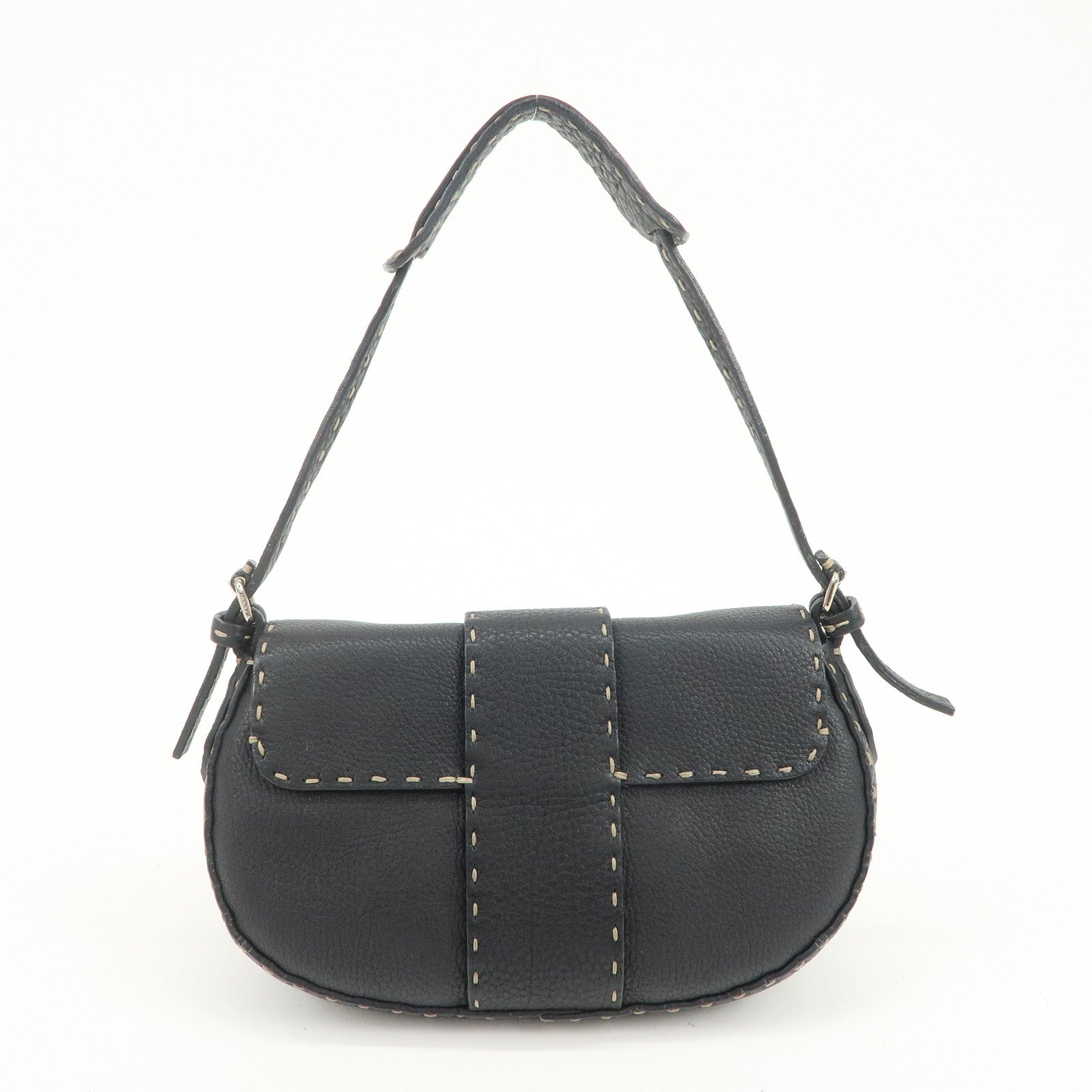 FENDI Seleria Leather Hand Bag Shoulder Bag Black 8BR430