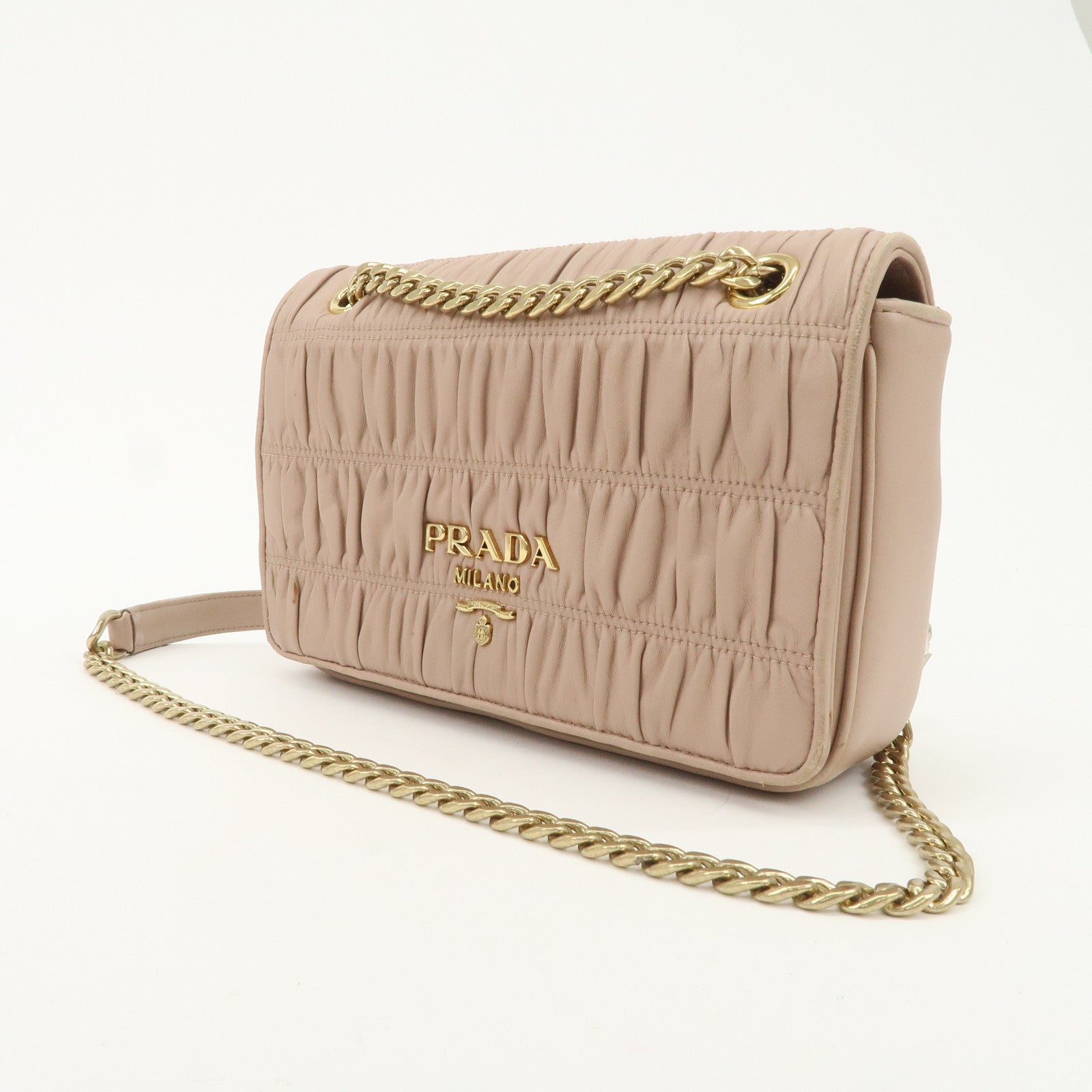 PRADA Logo Leather Gathered Chain Shoulder Bag Pink Beige 1BD147