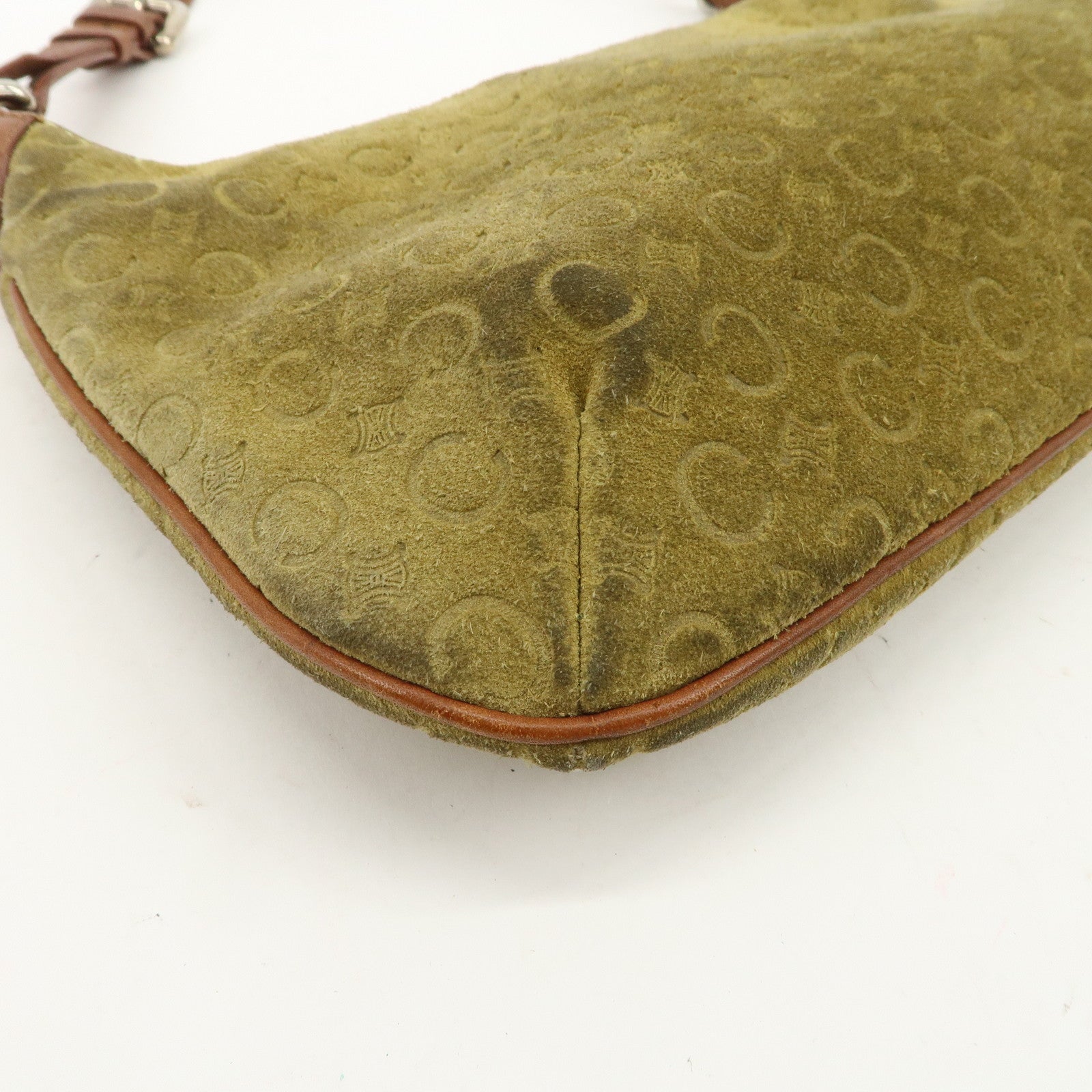 CELINE C Macadam Suede Leather Shoulder Bag Hand Bag Green Brown