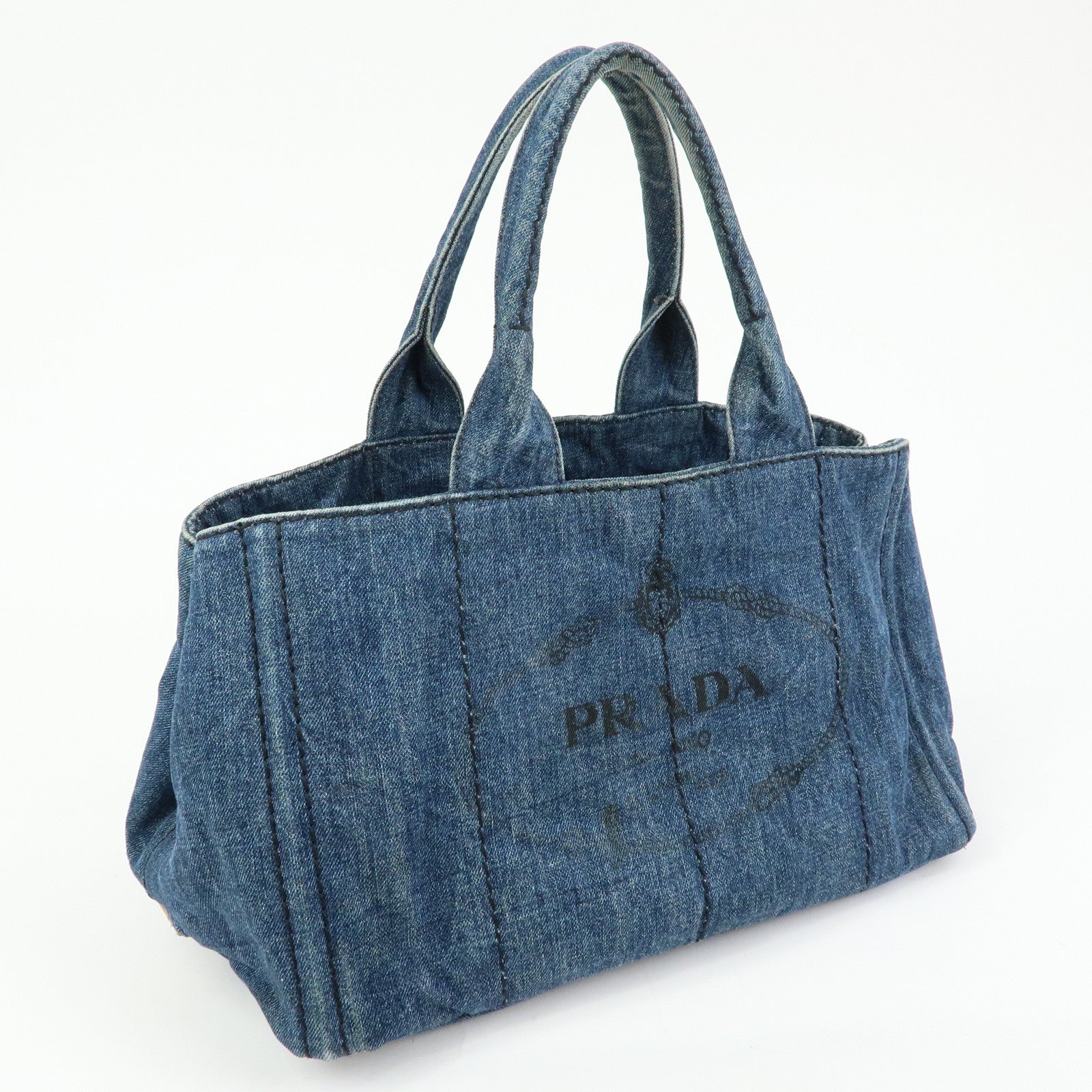 PRADA Logo Canapa Canvas Denim Tote Bag Hand Bag Blue B1877B