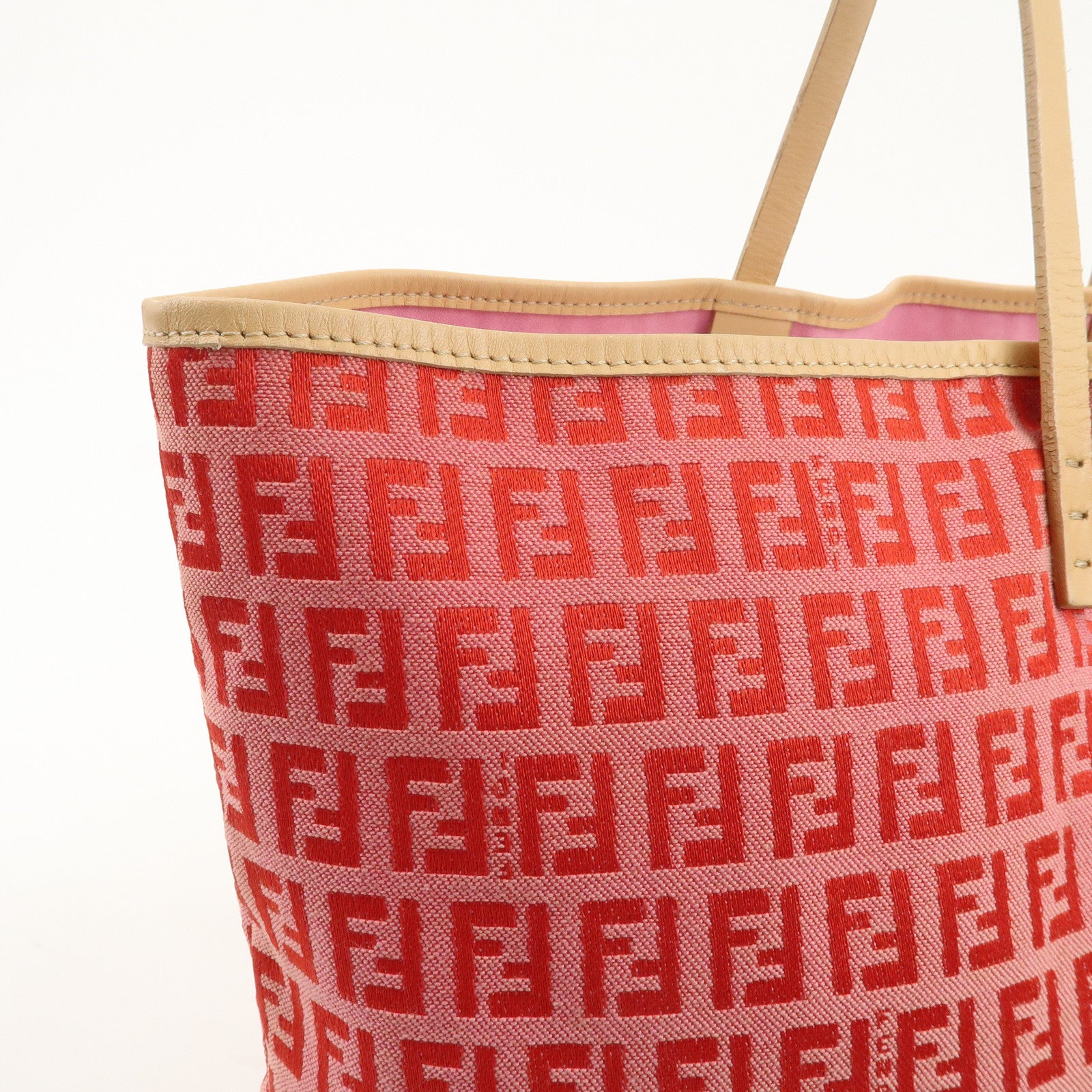 FENDI Zucchino Canvas Leather Tote Bag Shoulder Bag Red Pink 8BH005