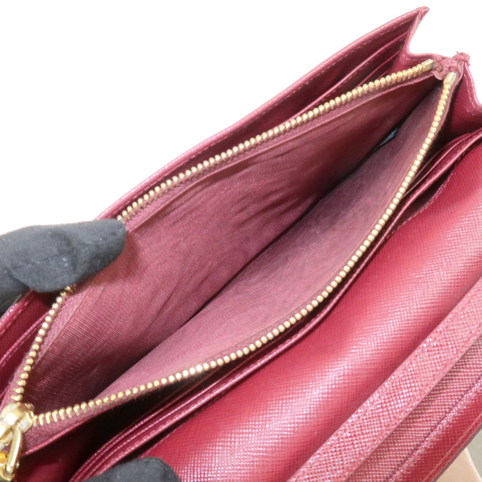 PRADA Saffiano Leather Shoulder Wallet Red Gold BT1019