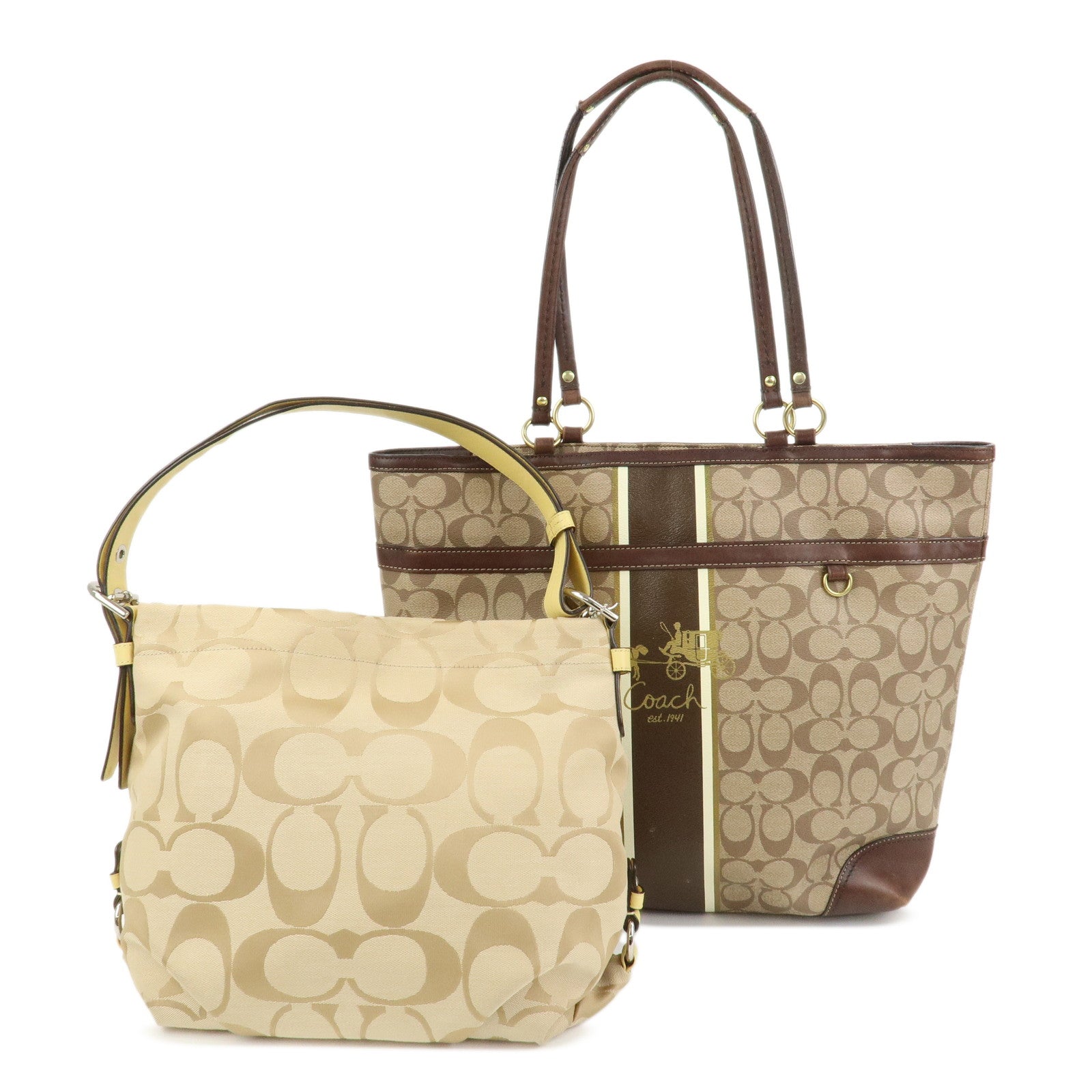 COACH Set of 2  PVC Canvas Leather Shoulder Bag Hand Bag Brown