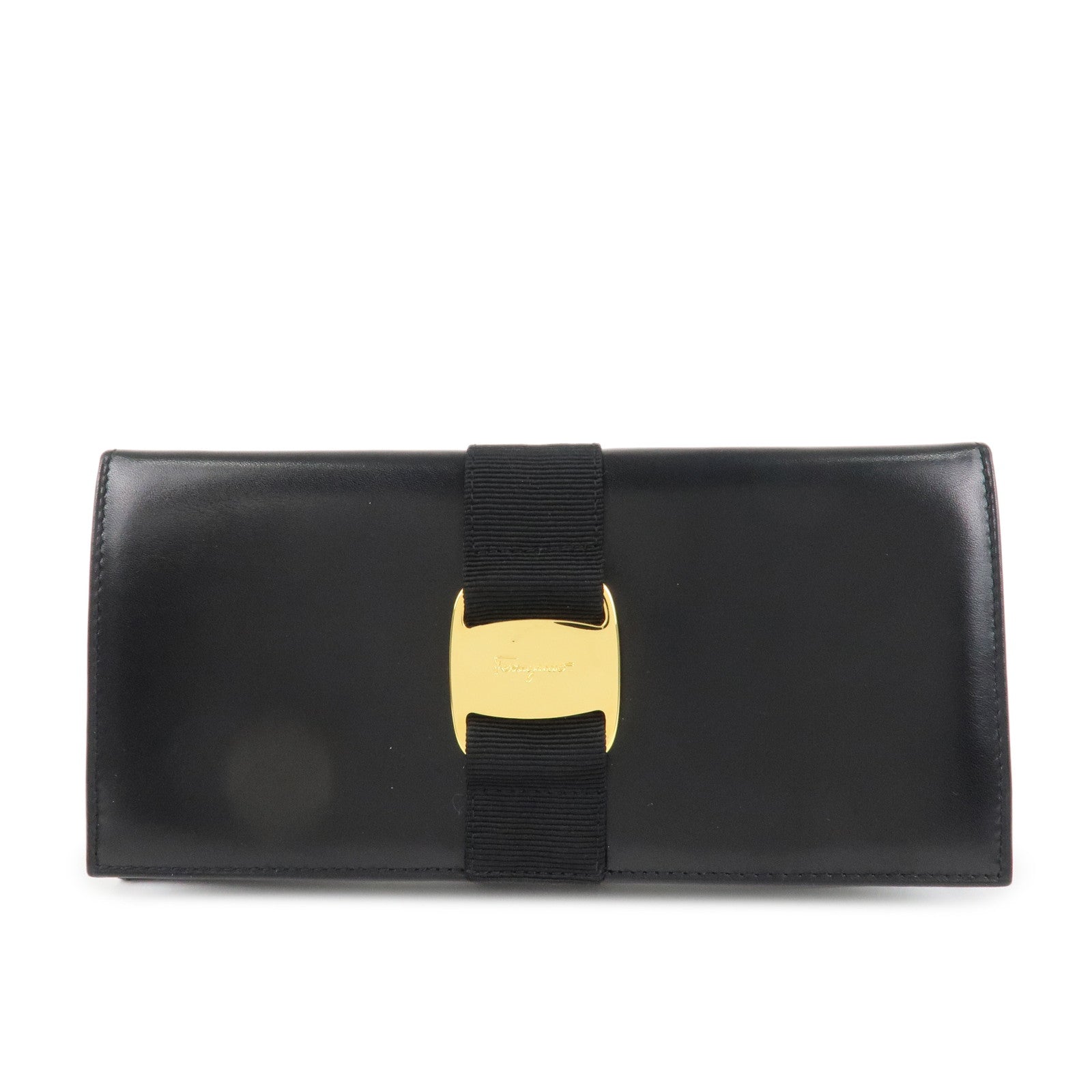 Ferragamo Vara Ribbon Leather Bi-fold Long Wallet Black Gold HDW Used