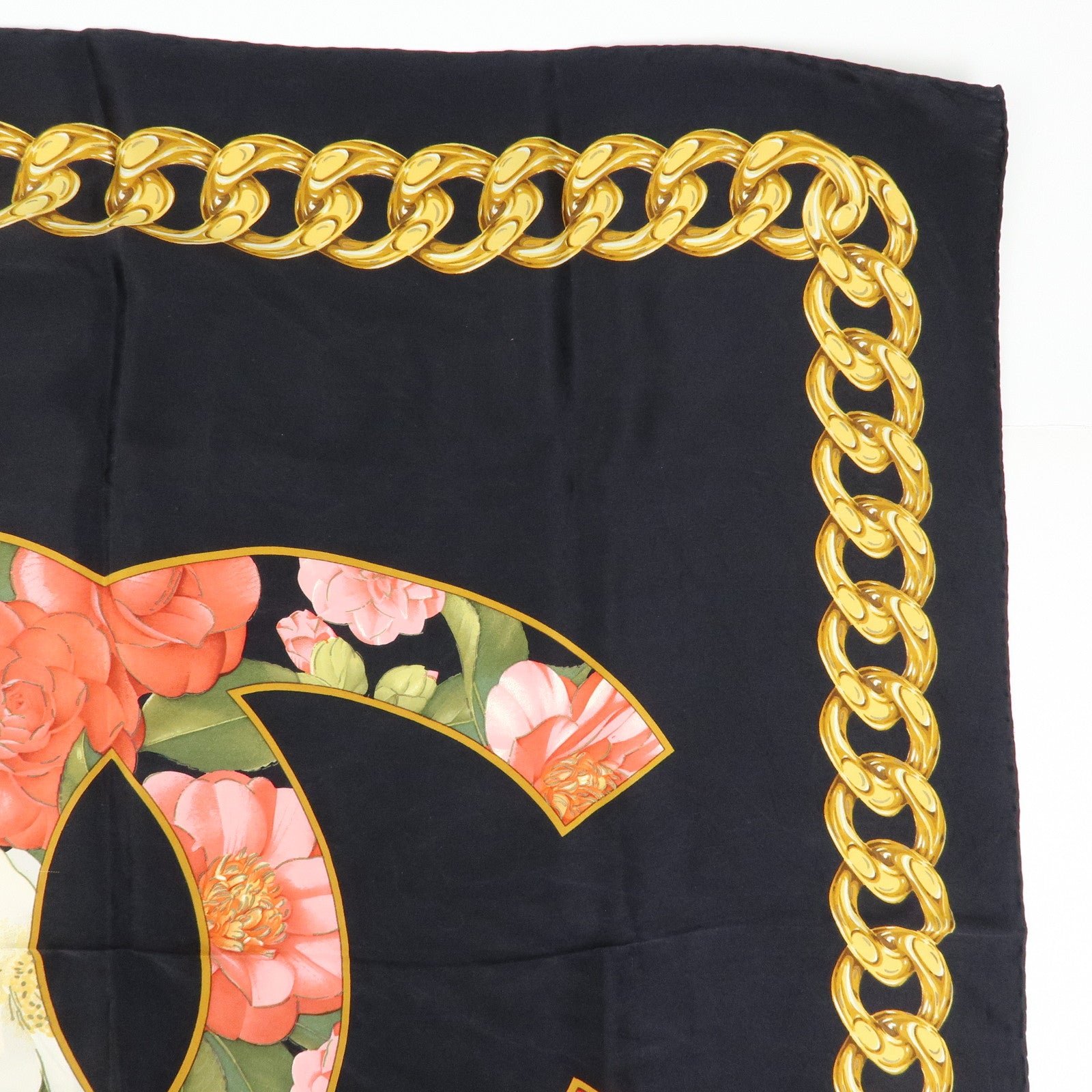 CHANEL COCO Mark Silk 100% Scarf Floral Motif Black Gold