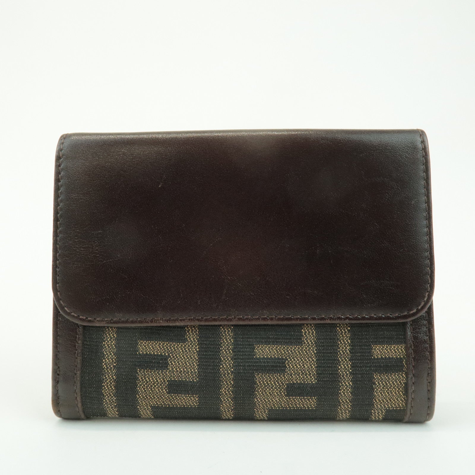 FENDI Zucca Leather Canvas Double Hook Bi-fold Wallet Brown 30795 Used