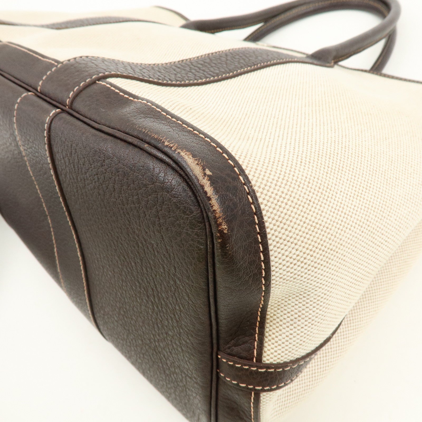 HERMES Garden Party Canvas Leather Tote Bag Beige Brown □H Stamped