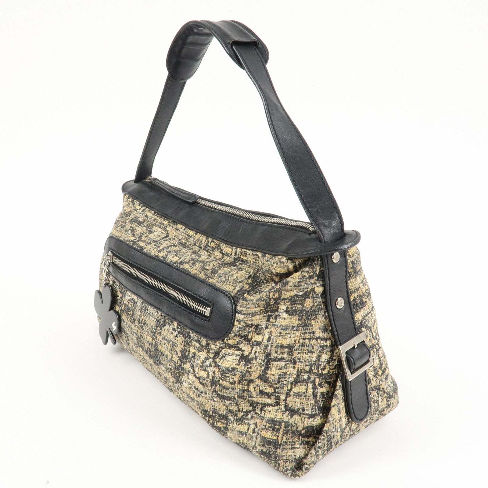 CHANEL COCO Mark Lamb Skin Tweed Shoulder Bag Hand Bag Black Silver HDW Used