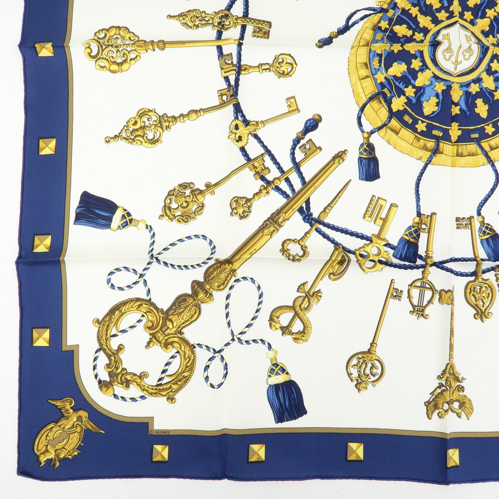 HERMES Carre 90 Silk 100% Scarf LES CLES THE KEYS RARE Navy Gold