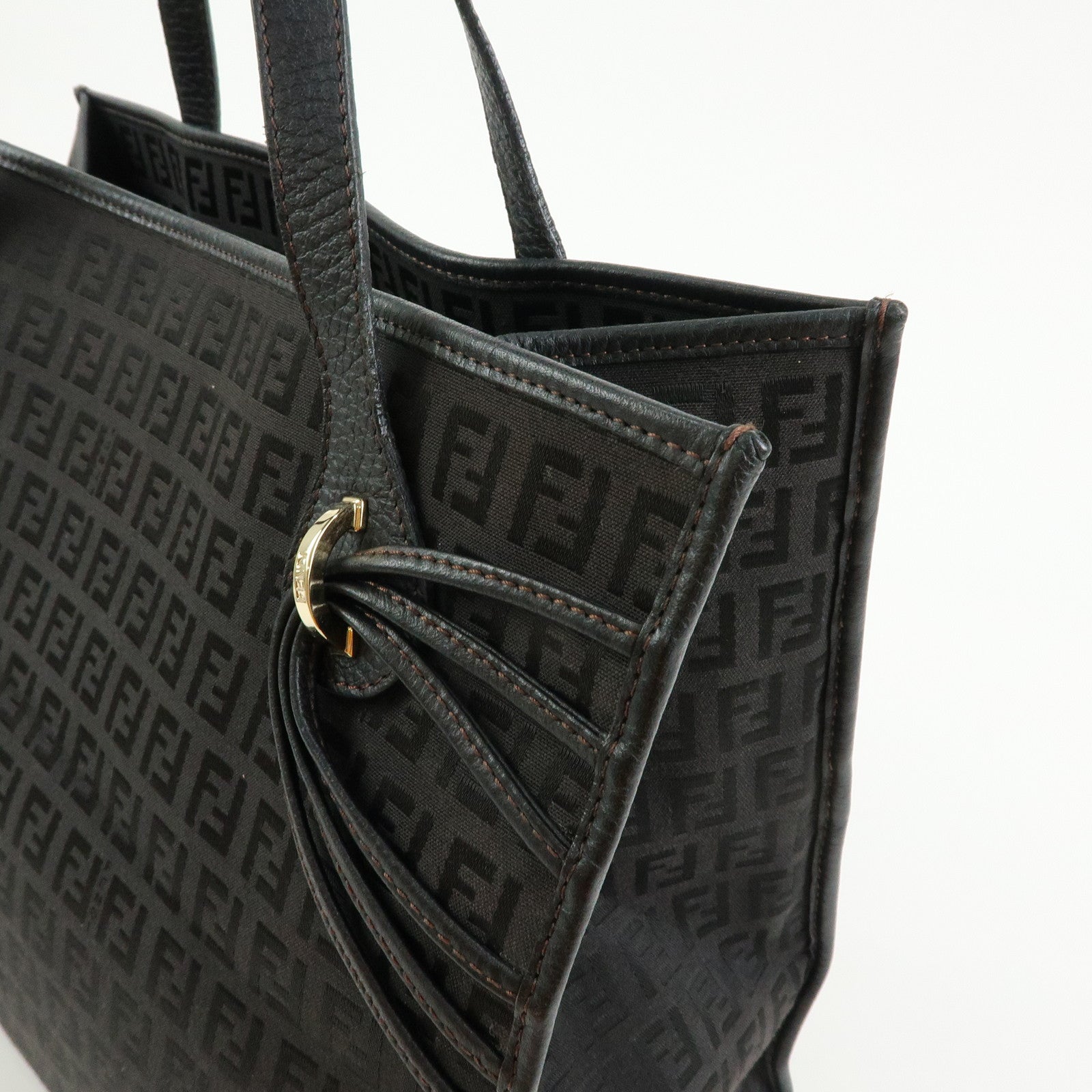 FENDI Zucchino Canvas Leather Shoulder Bag Tote Bag Brown 8BH153